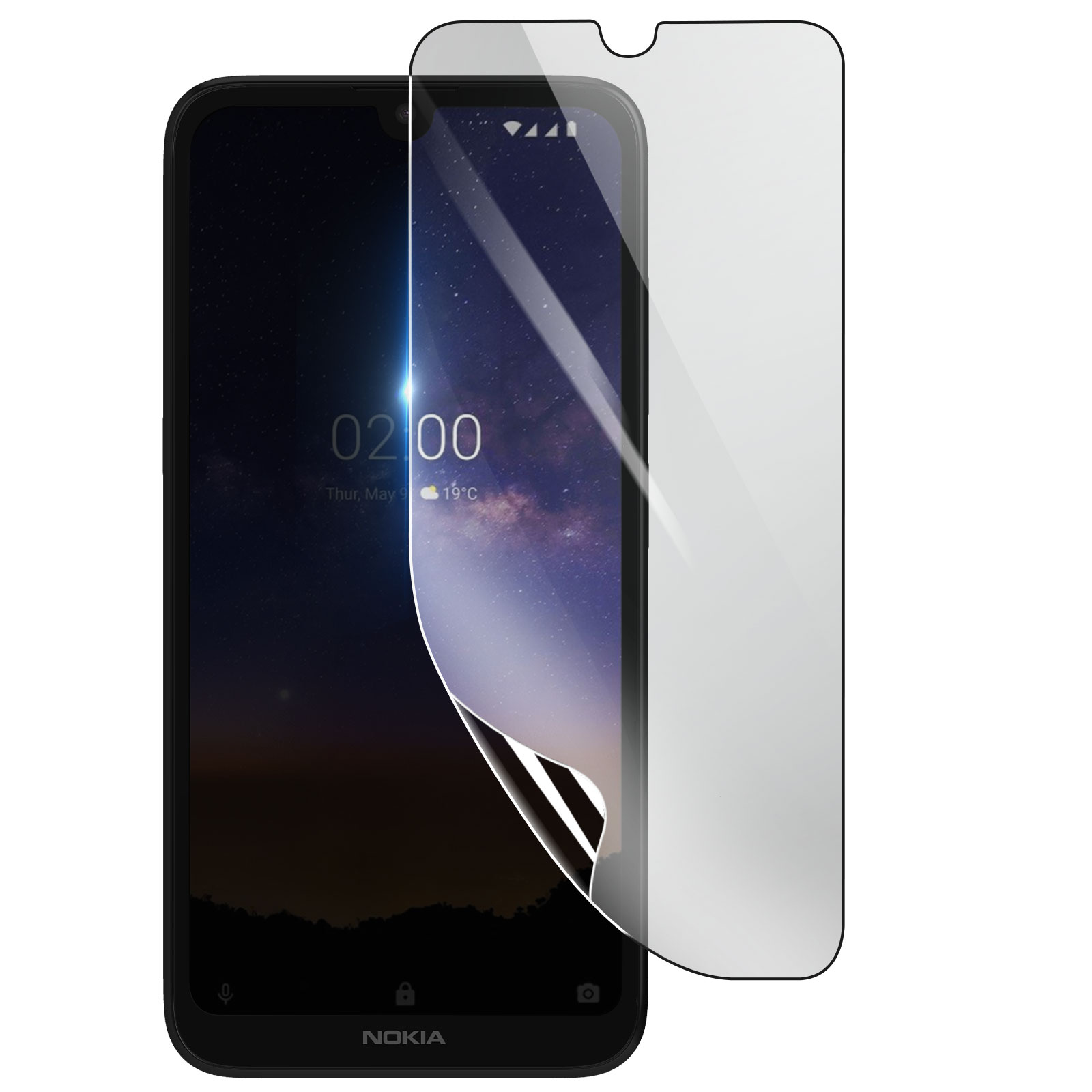 Un telefono Nokia nero con una protezione per lo schermo in fase di applicazione. Lo schermo mostra l'ora e la temperatura.