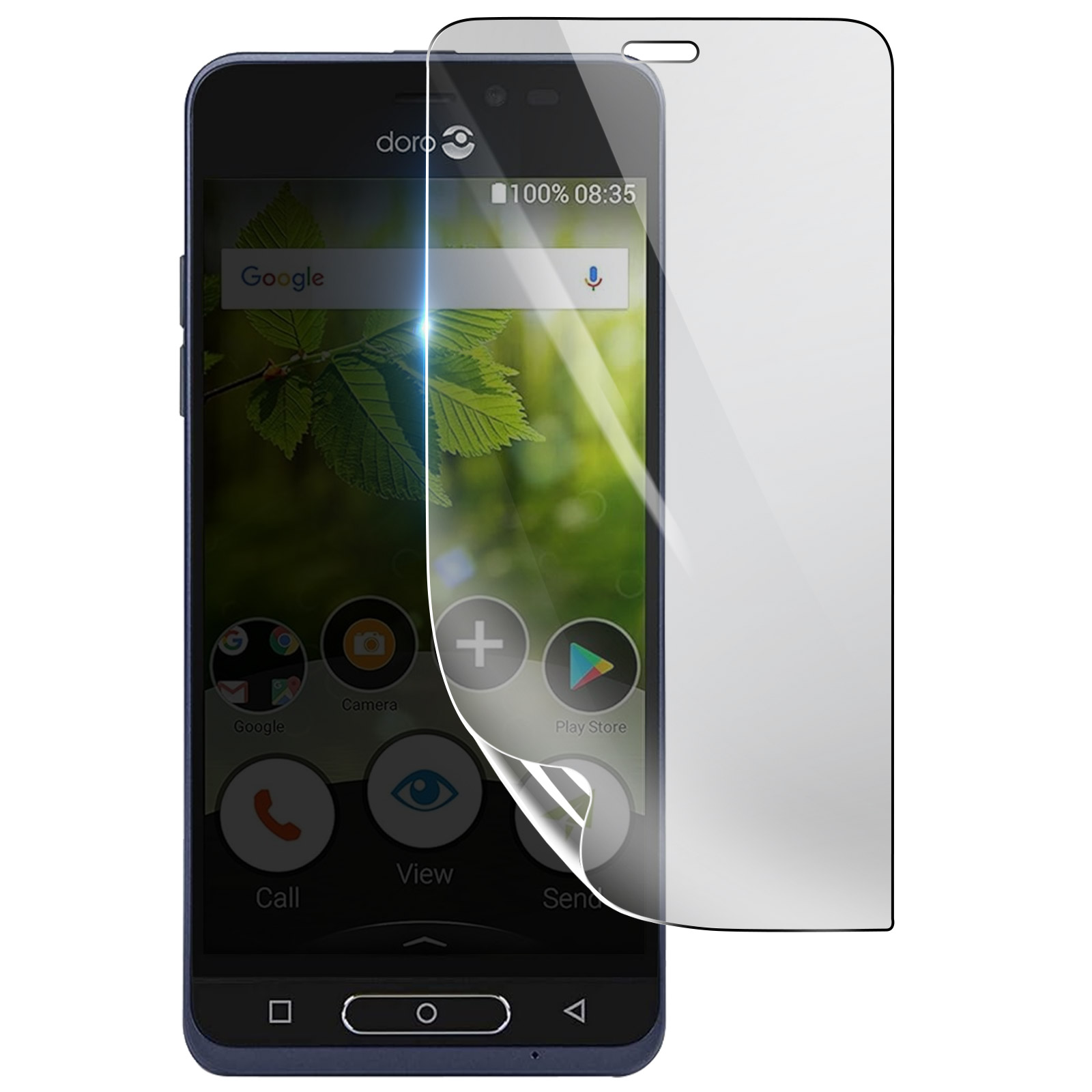 Uno smartphone con una protezione schermo che si stacca. Icone di Google, fotocamera, Play Store e altre app visibili.