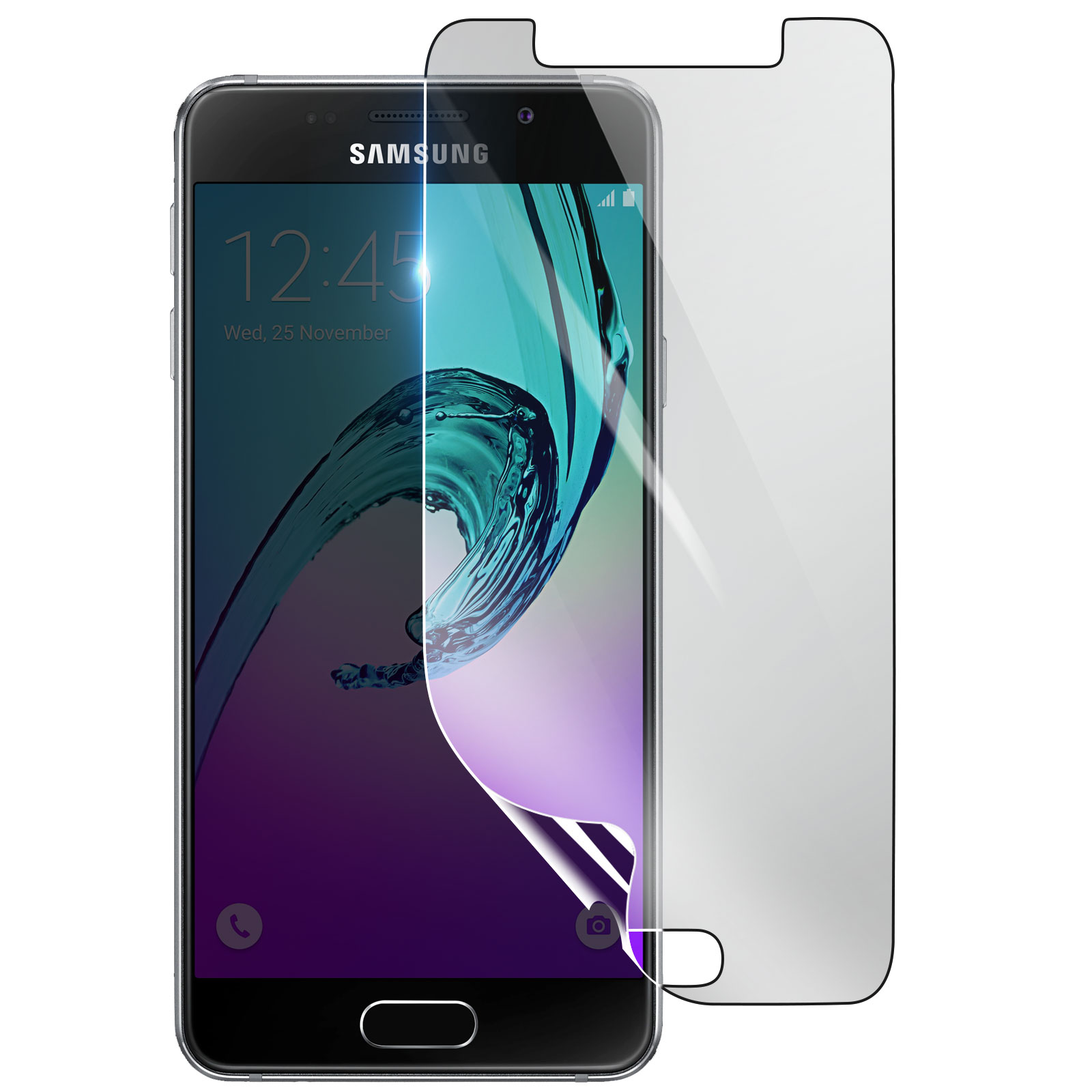 Uno smartphone Samsung con protezione schermo. Lo schermo mostra ora e data. Accanto c'è una pellicola protettiva.