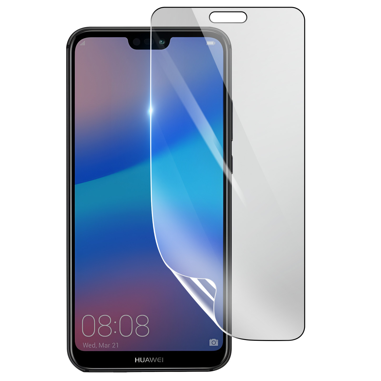 Uno smartphone con protezione schermo. Lo schermo mostra ora e data. La protezione è parzialmente staccata.