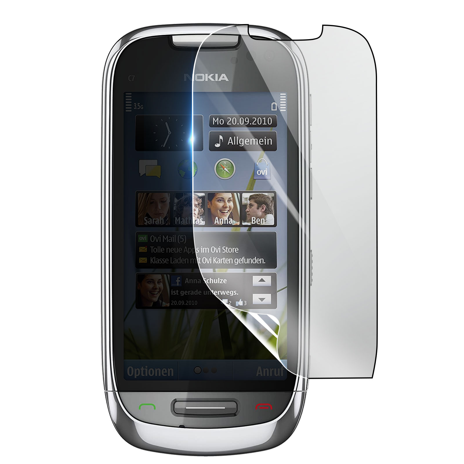 Smartphone Nokia C7 con protector de pantalla. La pantalla muestra la fecha, hora e iconos de aplicaciones. Hay fotos de contactos.