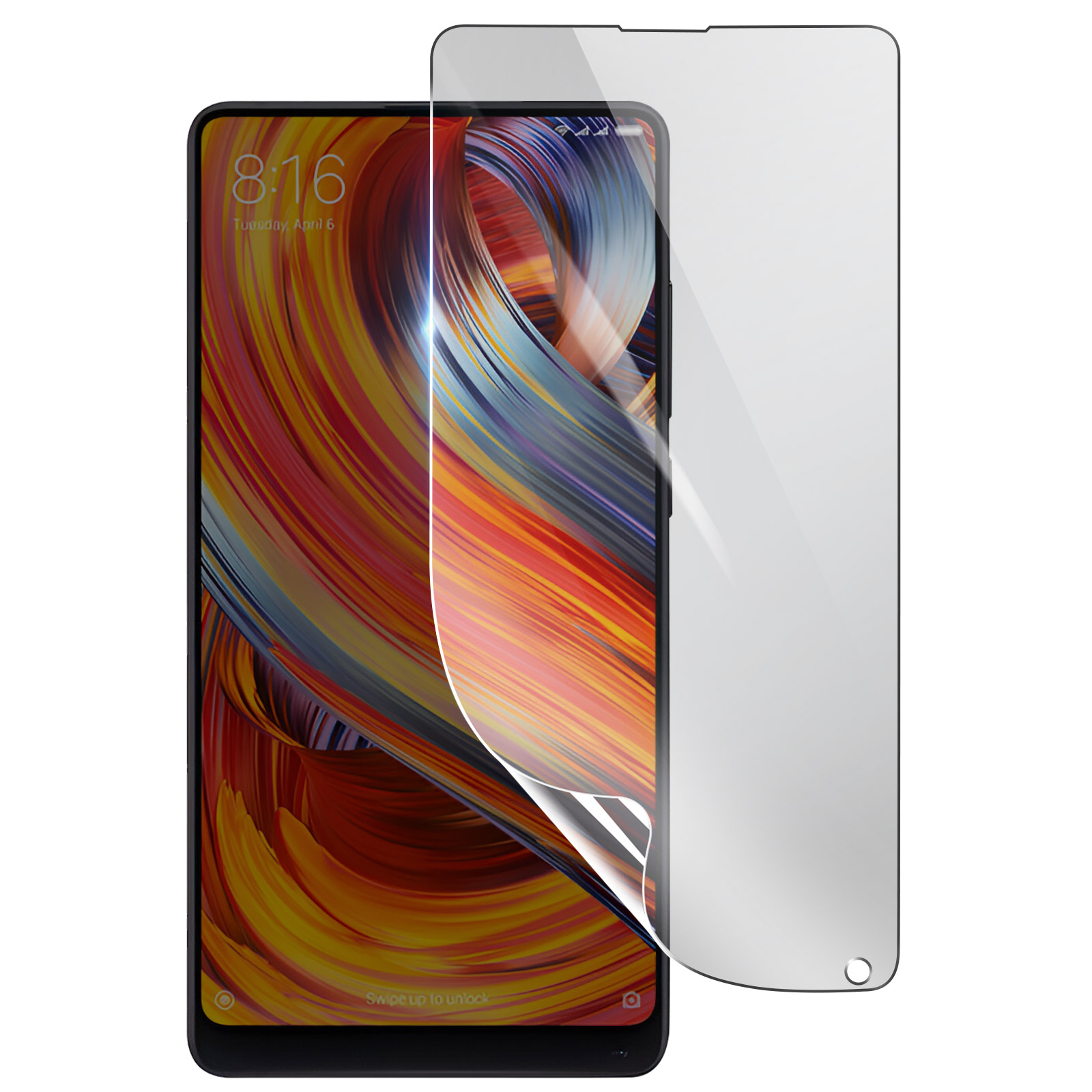Uno smartphone con una protezione schermo applicata. Il telefono mostra uno sfondo astratto colorato. La protezione è parzialmente staccata.