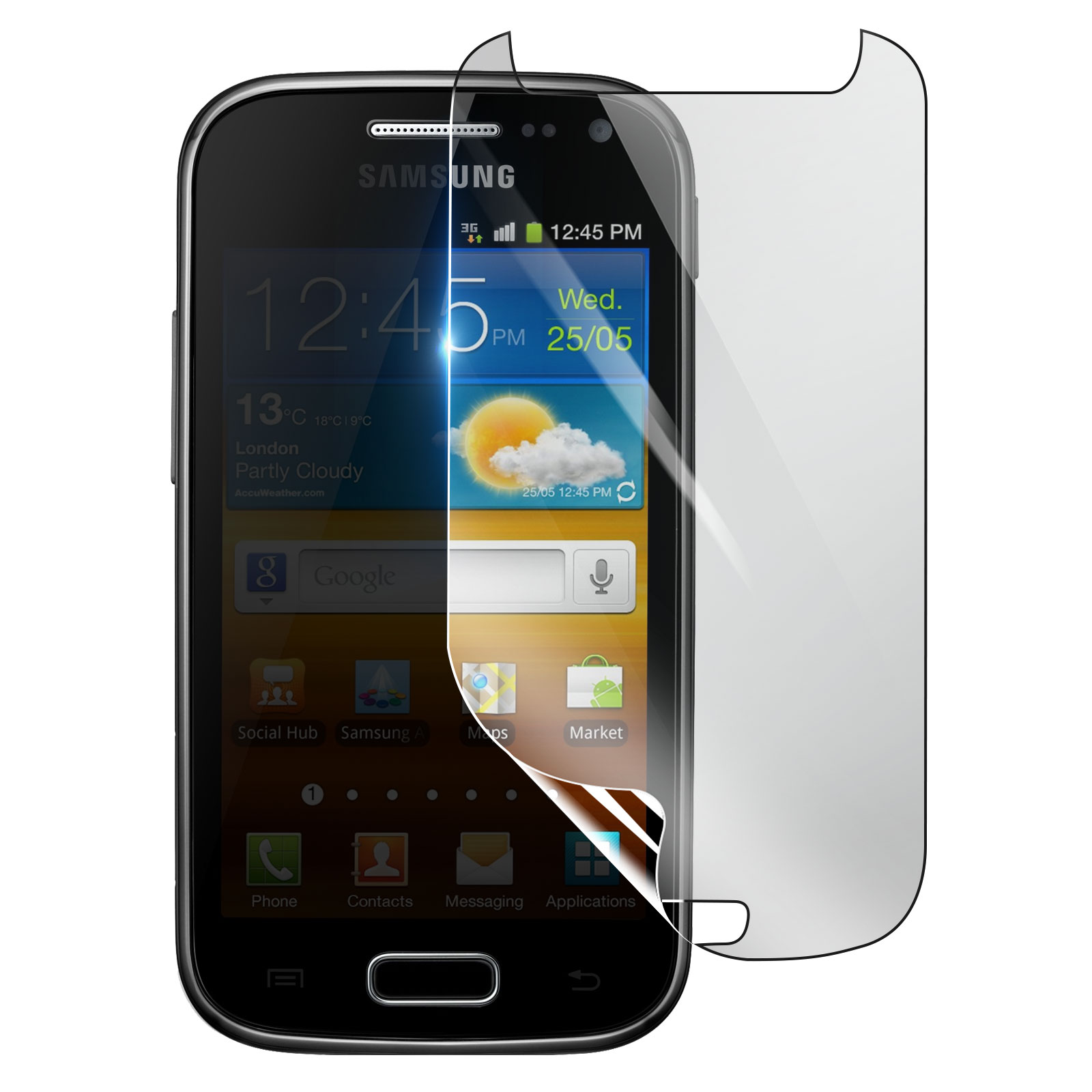 Un smartphone con un protector de pantalla aplicado. La pantalla muestra la hora, el clima y los iconos de las aplicaciones. El protector está parcialmente despegado.