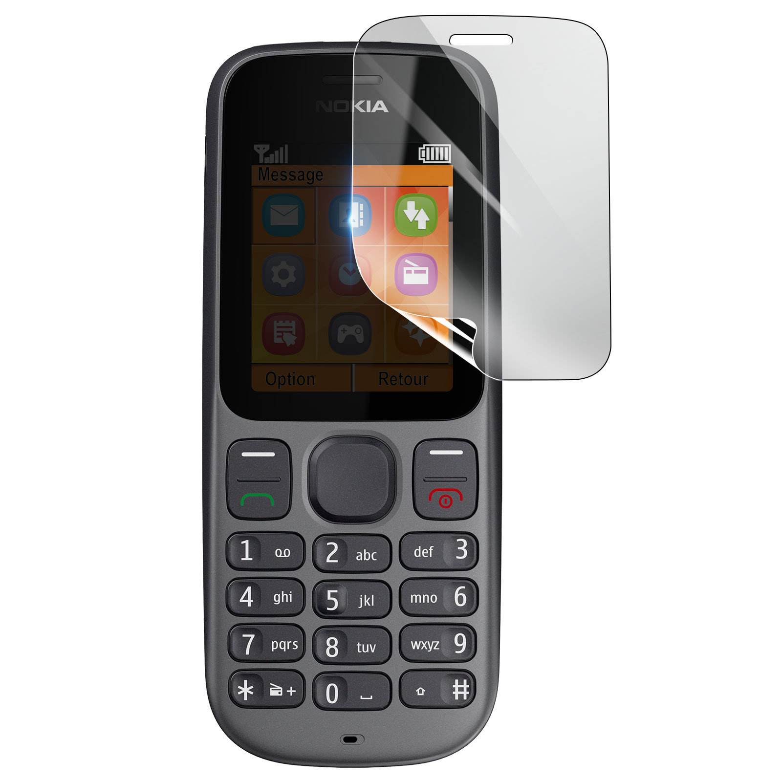 Un telefono Nokia con una protezione per lo schermo. Il telefono è grigio, con tastiera e schermo con icone. La protezione è trasparente.