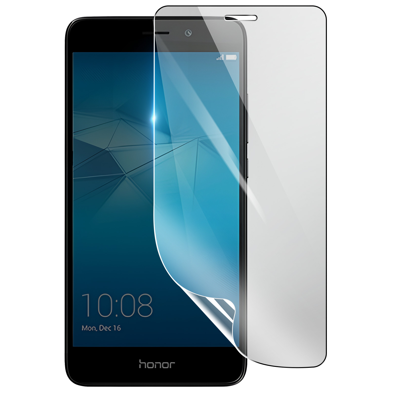 Uno smartphone nero con una protezione per lo schermo applicata. Lo schermo mostra l'ora e la data. Logo Honor visibile.