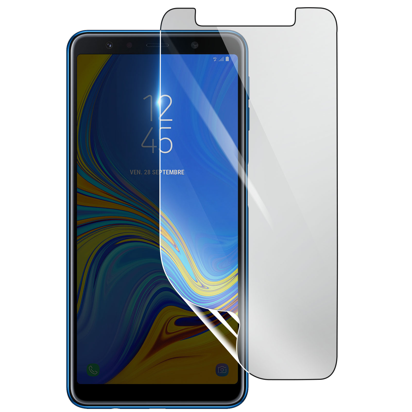 Uno smartphone blu con una protezione per lo schermo in fase di applicazione. Lo schermo mostra ora, data e icone delle app.