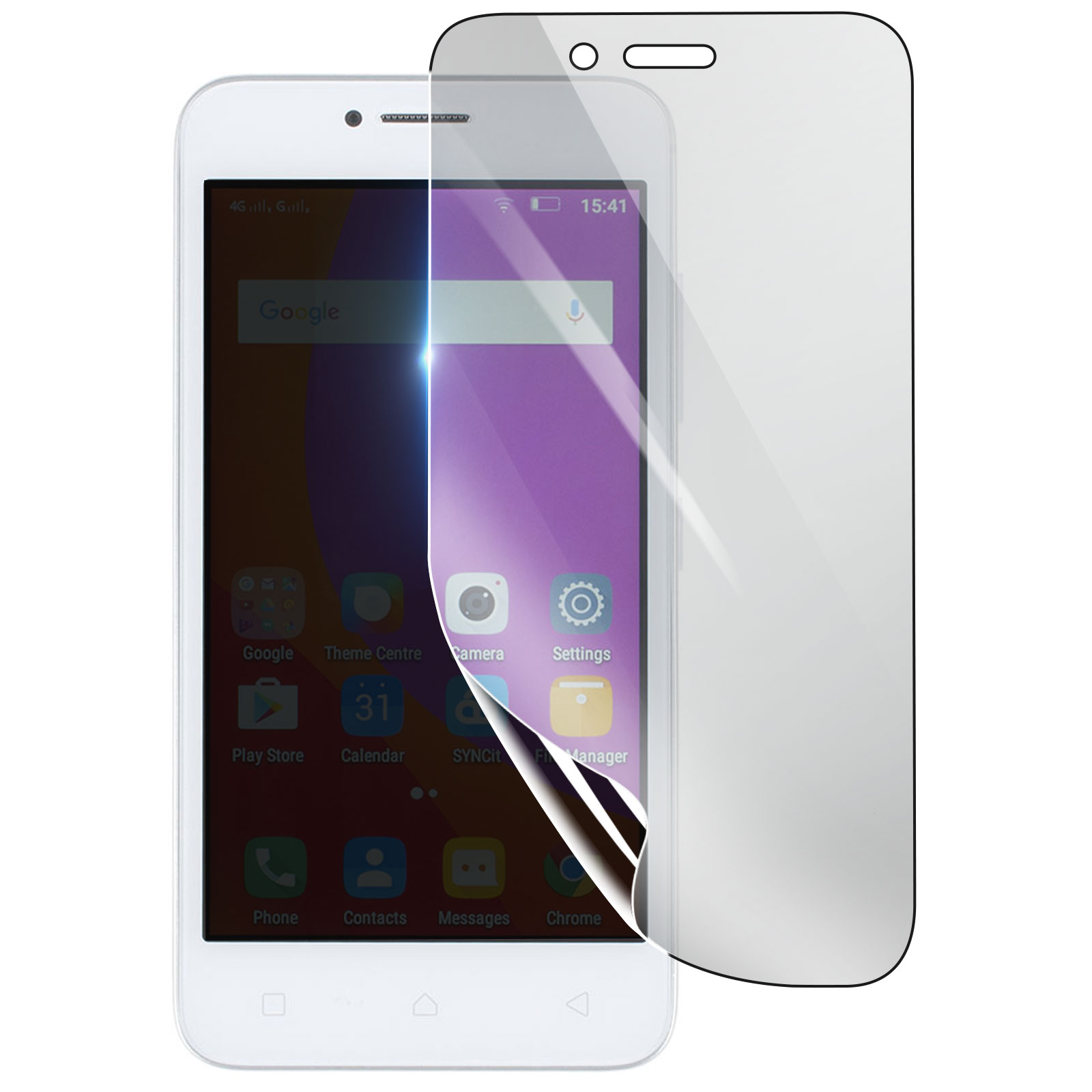 Uno smartphone bianco con una protezione per lo schermo che si stacca. Lo schermo mostra icone di app e l'ora 15:41. Lo sfondo è bianco.