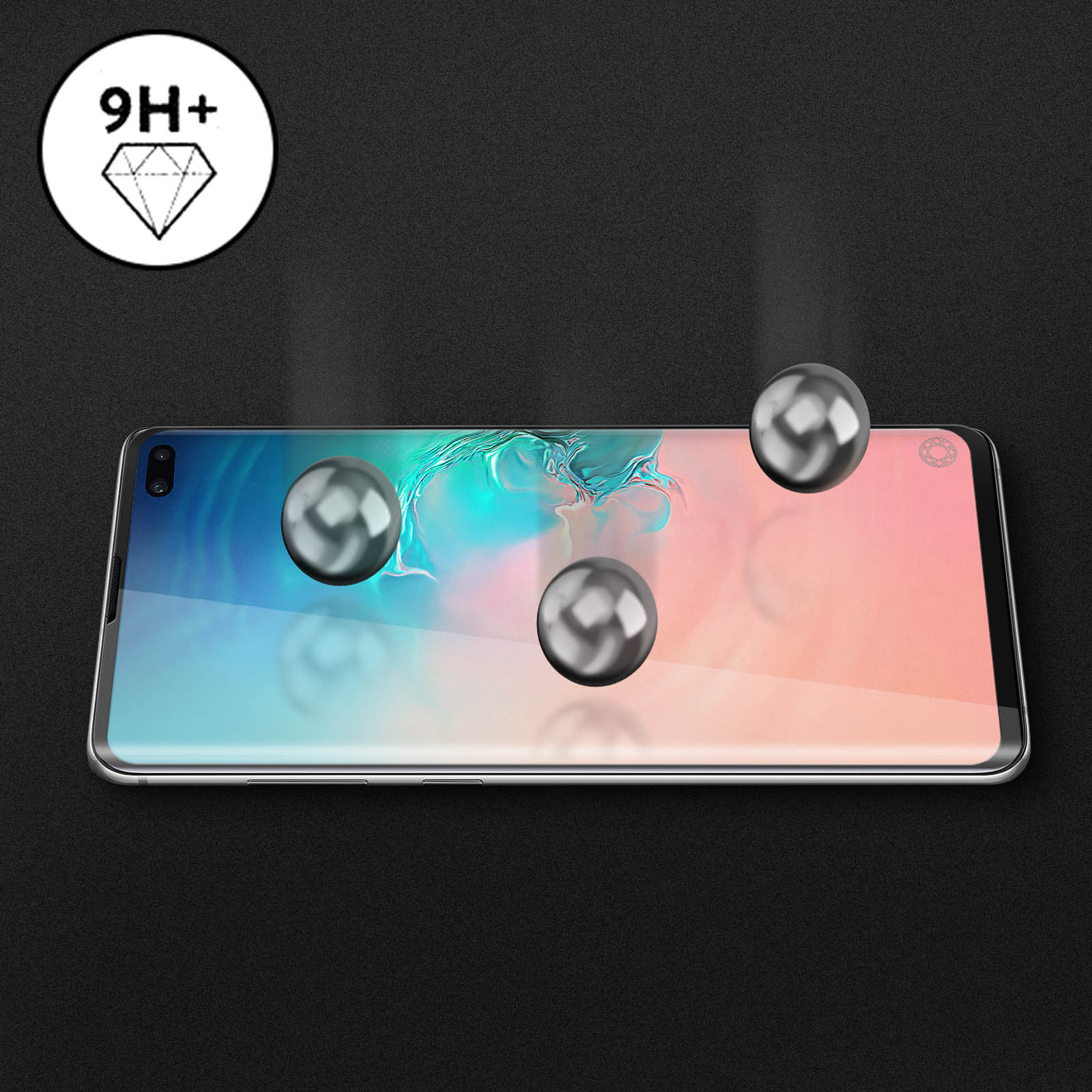 Un protecteur d'écran de téléphone avec trois sphères au-dessus. Un cercle blanc avec 9H+ et une icône de diamant en arrière-plan.