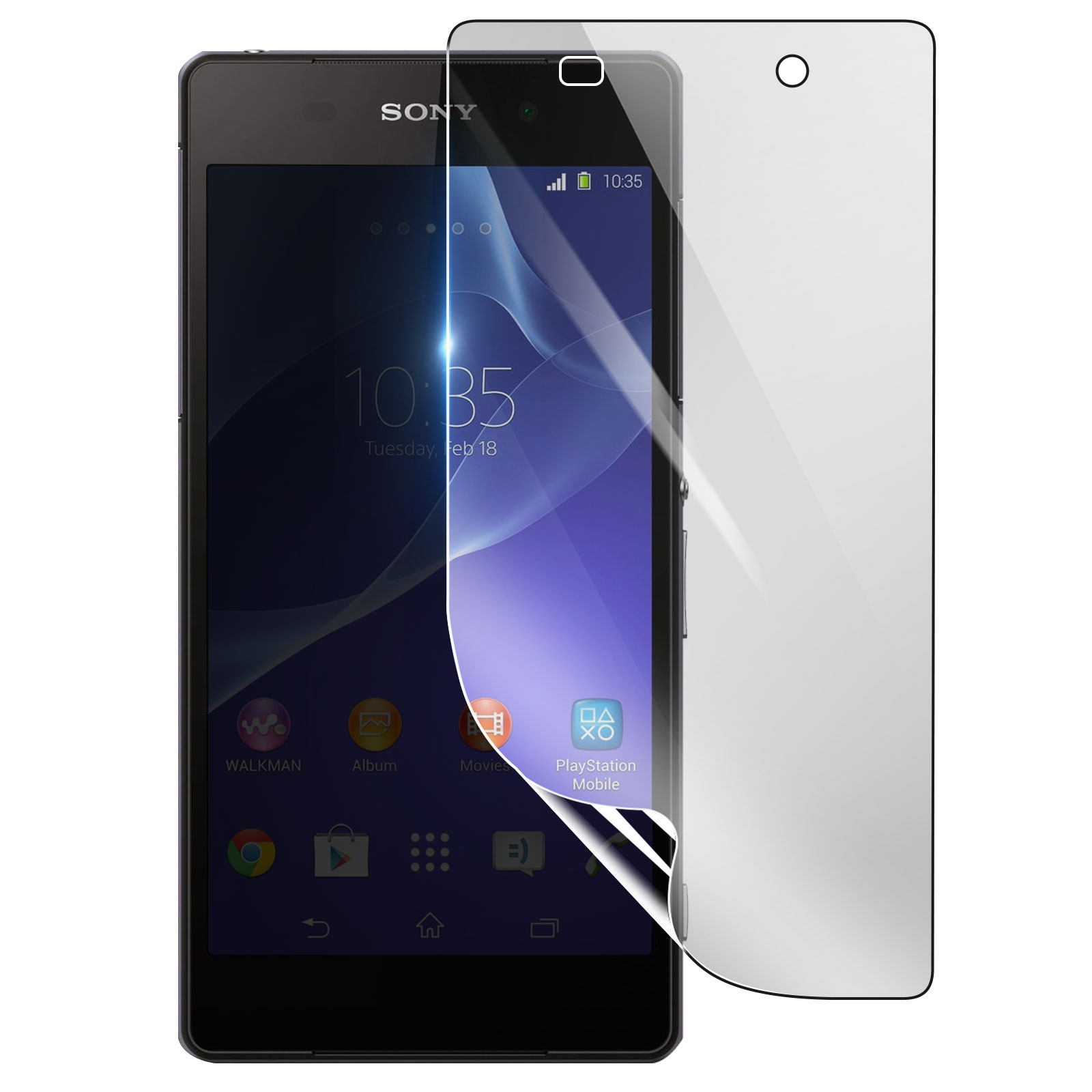 Uno smartphone Sony nero con una protezione per lo schermo parzialmente staccata. Lo schermo mostra l'ora, icone e uno sfondo viola.