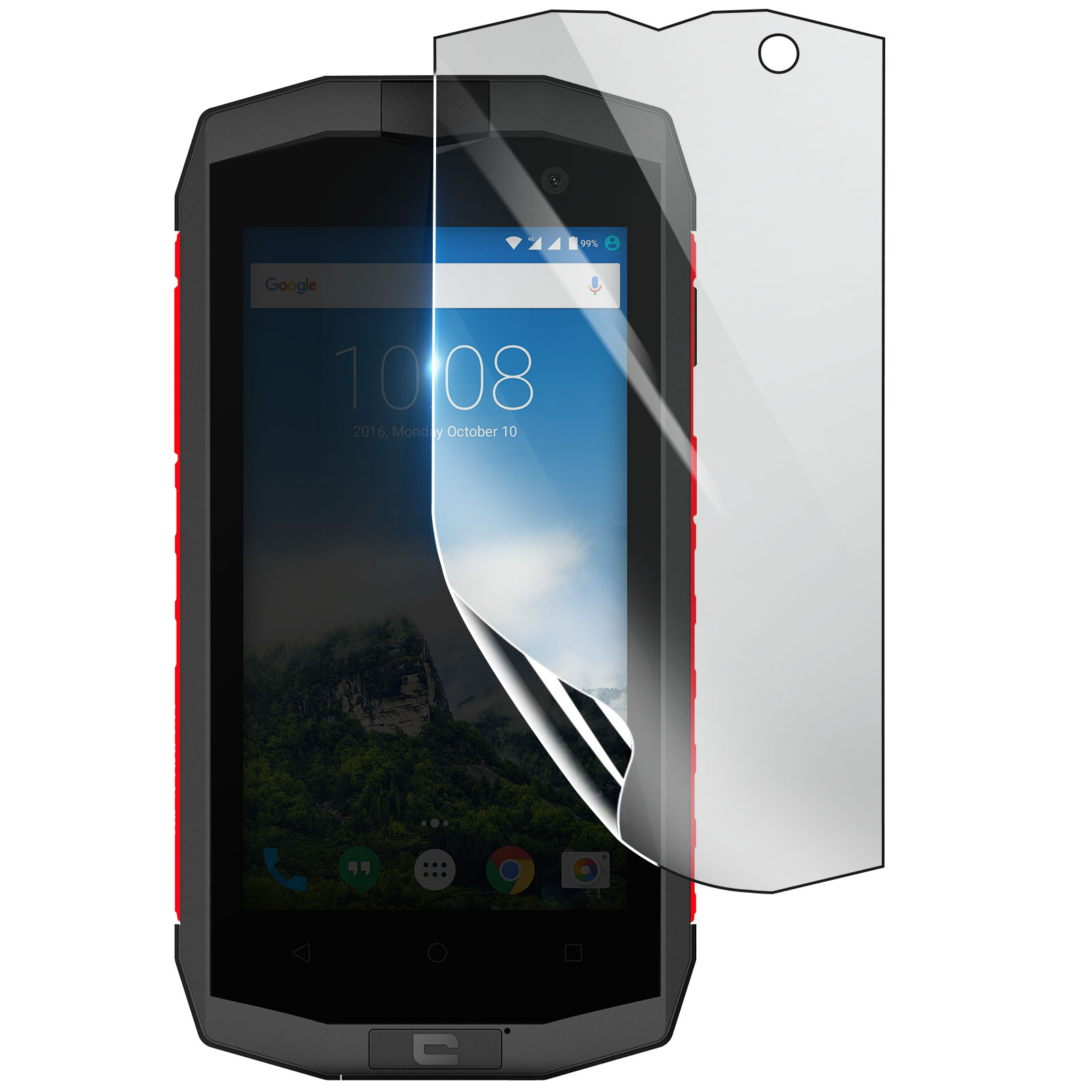 Uno smartphone nero con una protezione schermo parzialmente staccata, che mostra un paesaggio montano.