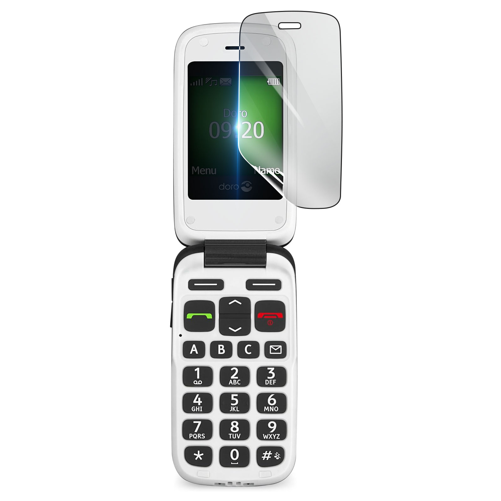Telefono a conchiglia bianco con protezione schermo. Il display mostra l'ora. Tasti grandi. Marca Doro.