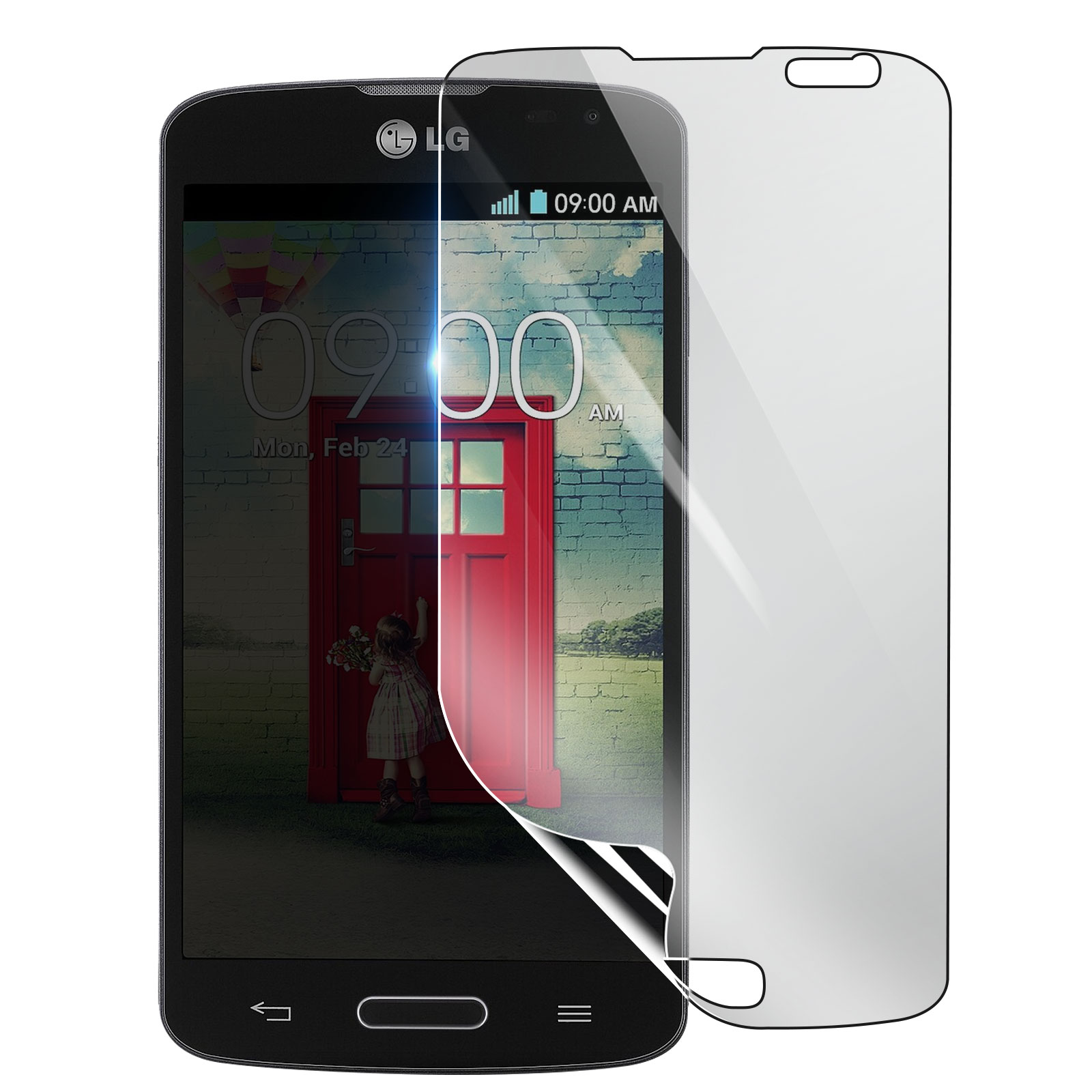 Smartphone LG nero con protezione schermo. Il display mostra un'immagine di porta rossa con una bambina e l'ora.
