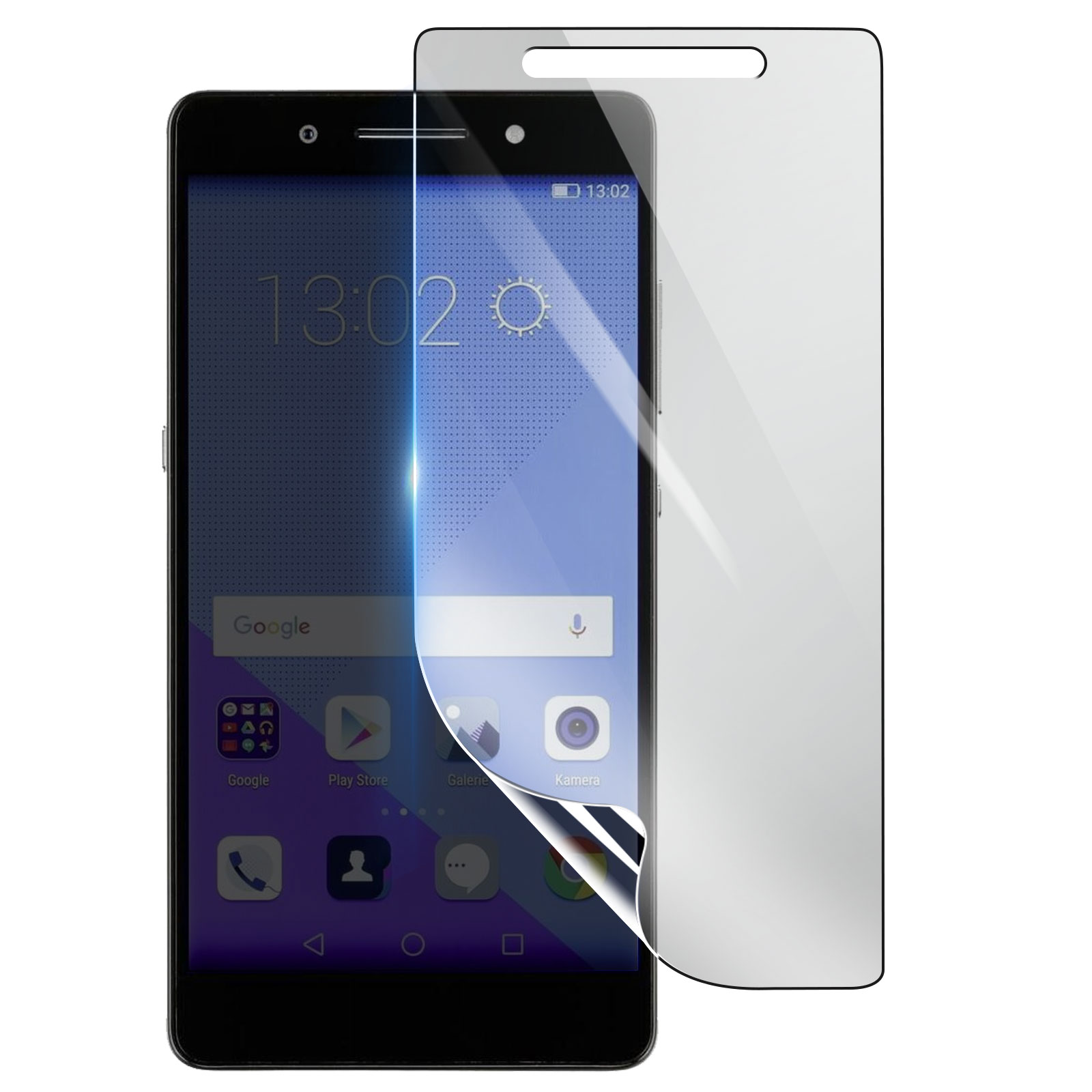 Uno smartphone nero con protezione schermo. Lo schermo mostra 13:02 e icone app. Una protezione trasparente si sta staccando.
