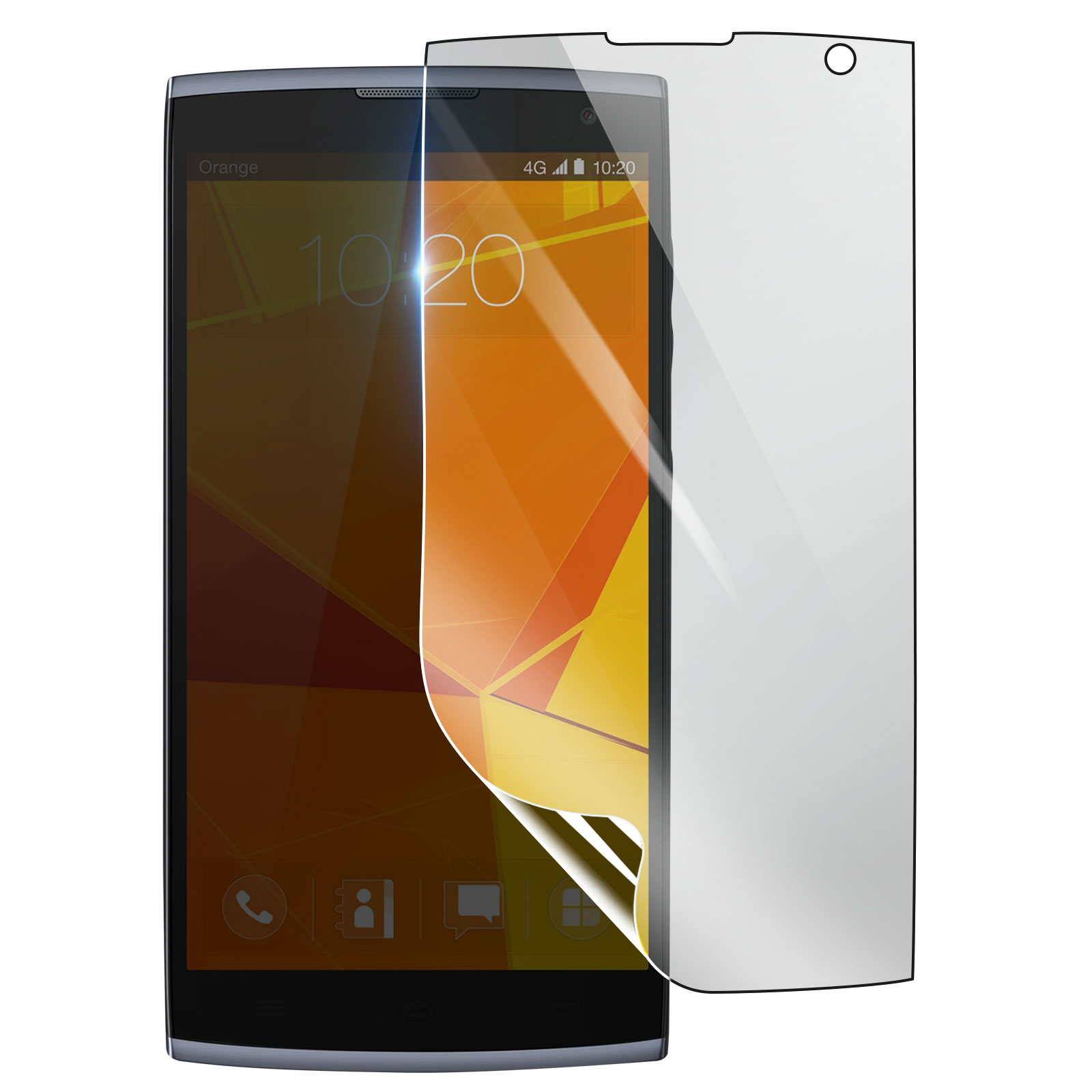 Uno smartphone a cui viene applicata una protezione per lo schermo. Il telefono mostra un motivo geometrico arancione e l'ora 10:20.