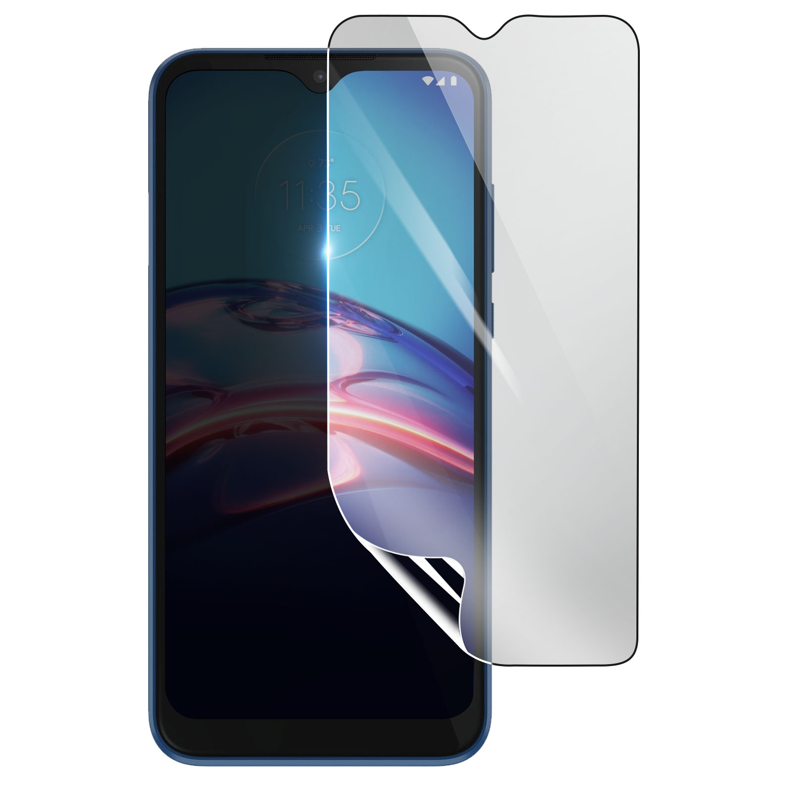 Uno smartphone con una protezione per lo schermo applicata. Il telefono mostra l'ora e la data. La protezione è parzialmente staccata.