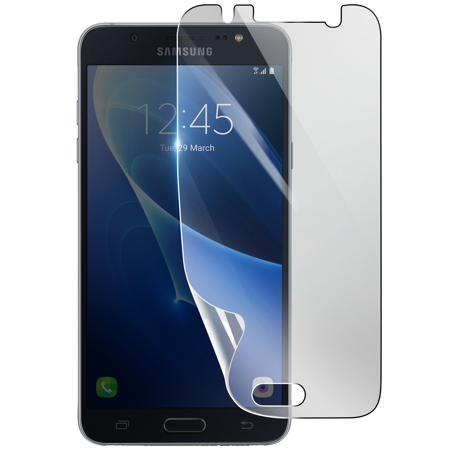 Un teléfono Samsung con un protector de pantalla aplicado. La pantalla muestra 12:45, mar 29 de marzo. Un protector transparente encima.