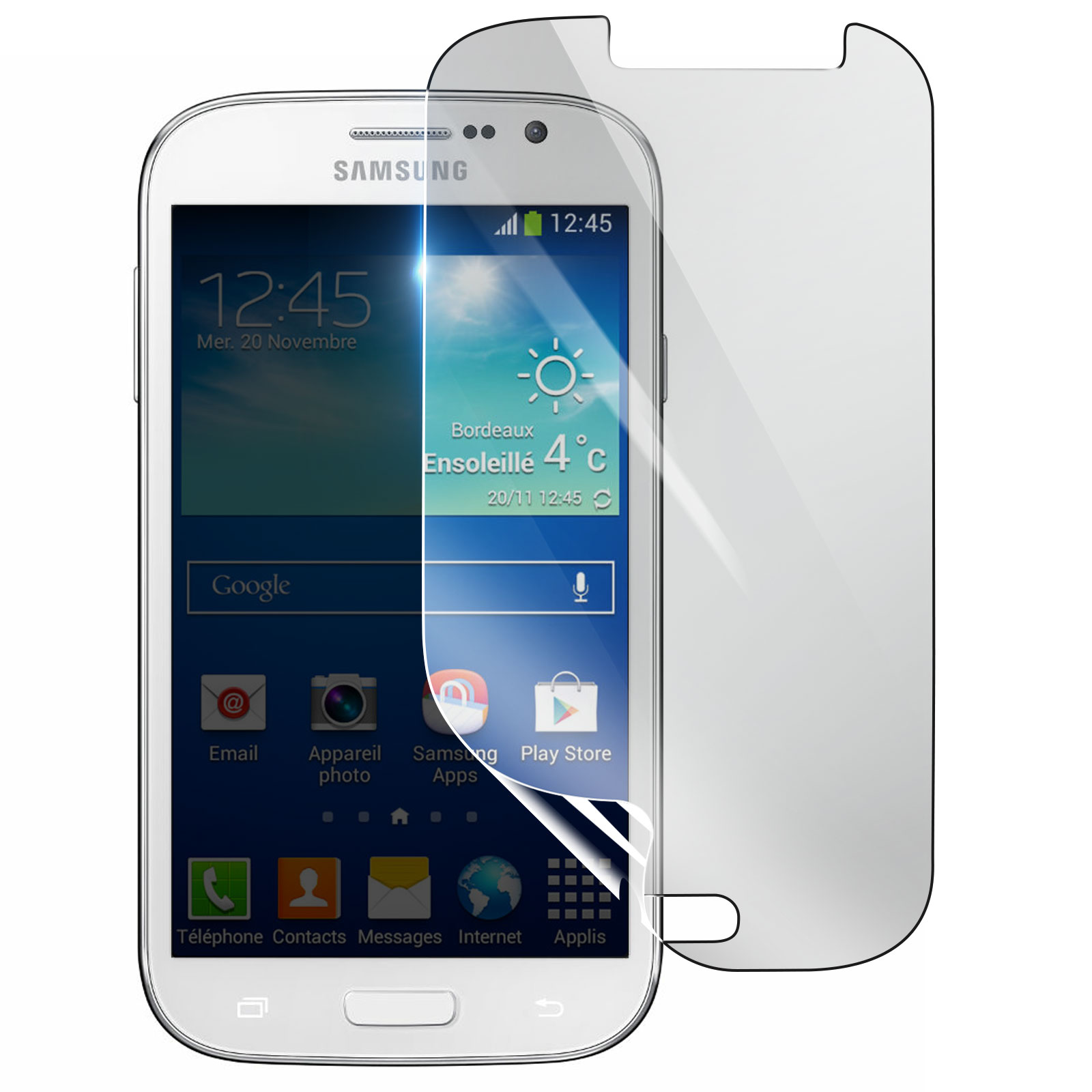 Uno smartphone Samsung bianco con protezione schermo. Lo schermo mostra l'ora, il meteo e le icone delle app.