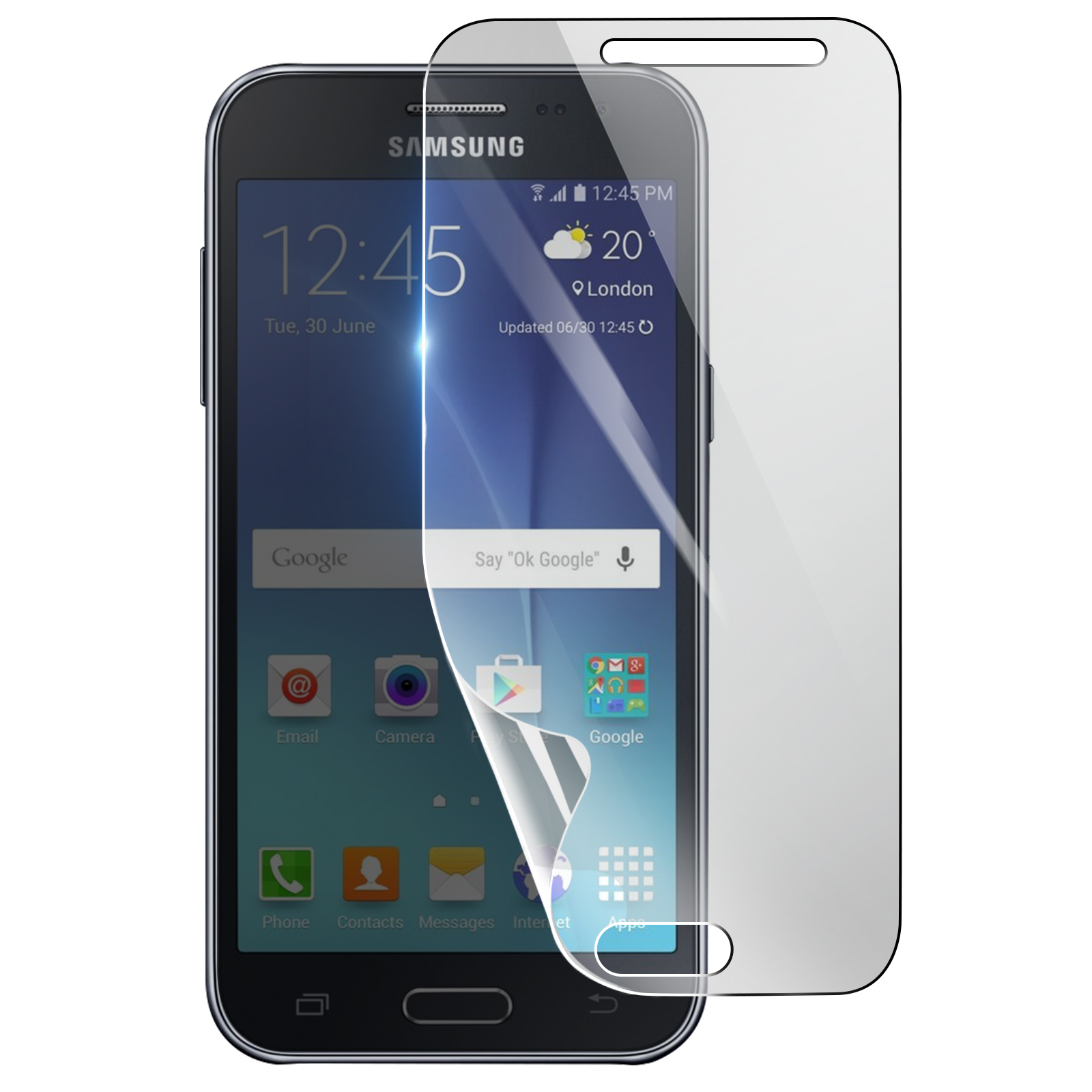 Un telefono Samsung con una protezione per lo schermo applicata. Lo schermo mostra ora, meteo e app.