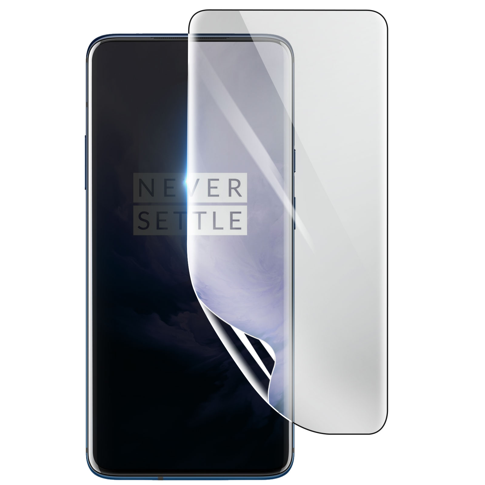 Uno smartphone con una protezione per lo schermo applicata. Lo schermo mostra le parole "NEVER SETTLE". La protezione è parzialmente staccata.