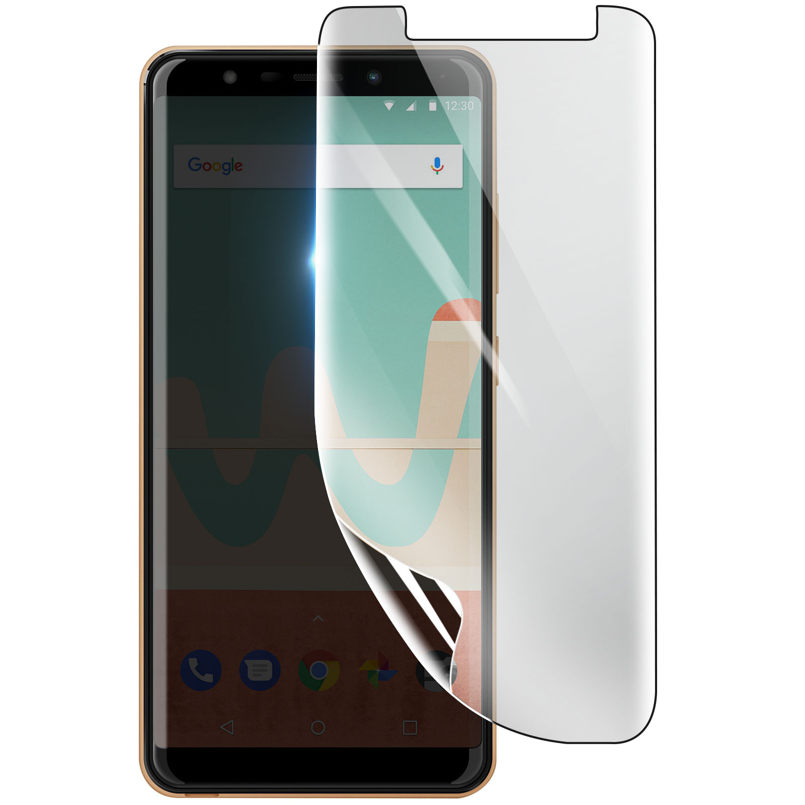Smartphone con protezione schermo. Il telefono ha una cornice dorata. La protezione è parzialmente staccata.
