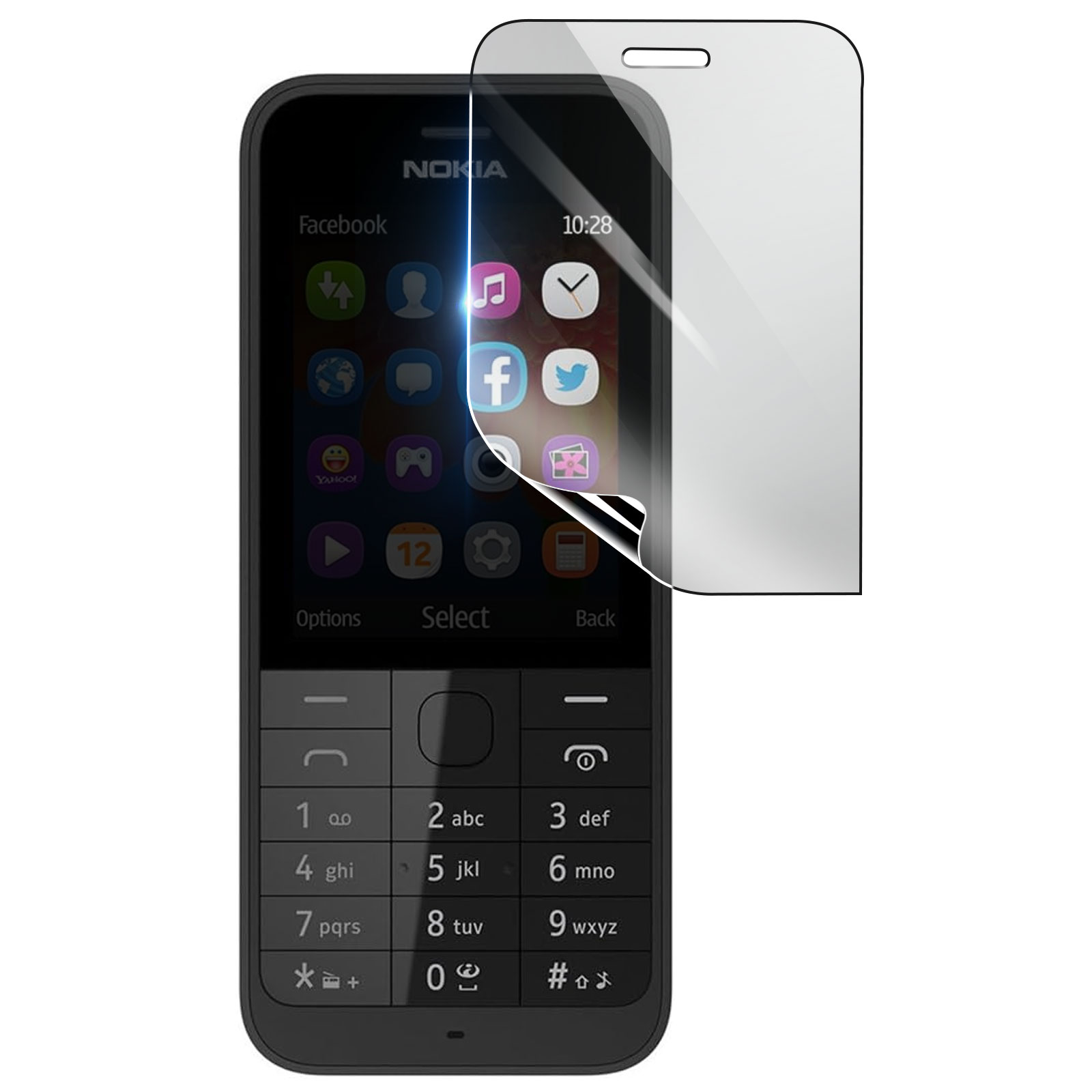 Un telefono Nokia nero con una protezione per lo schermo. Lo schermo mostra icone di app e l'ora. La protezione si sta staccando.