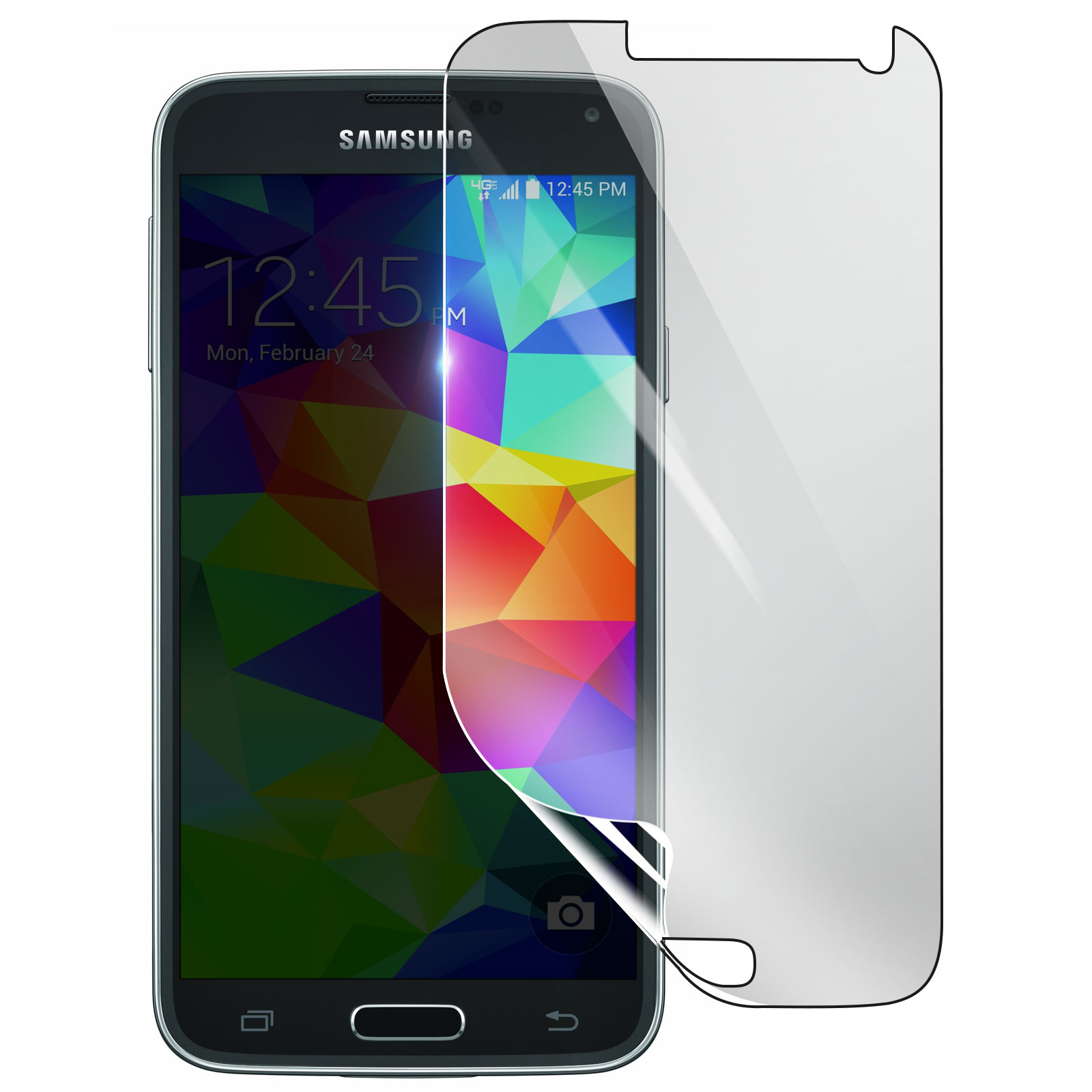 Uno smartphone Samsung con protezione schermo. Lo schermo mostra ora e data, con uno sfondo astratto colorato.