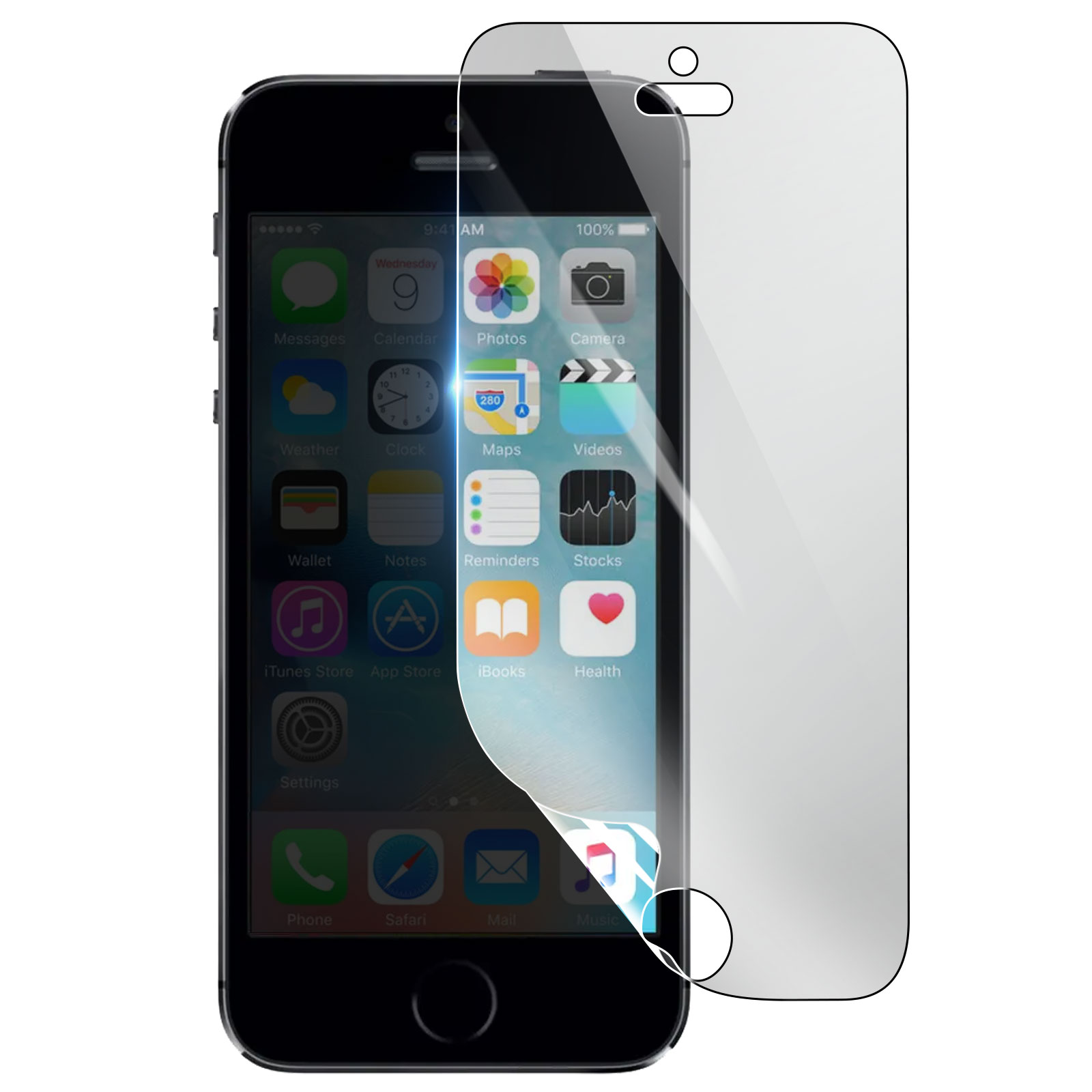 iPhone nero con protezione schermo applicata. Le icone sono visibili sullo schermo. L'ora è 9:41.