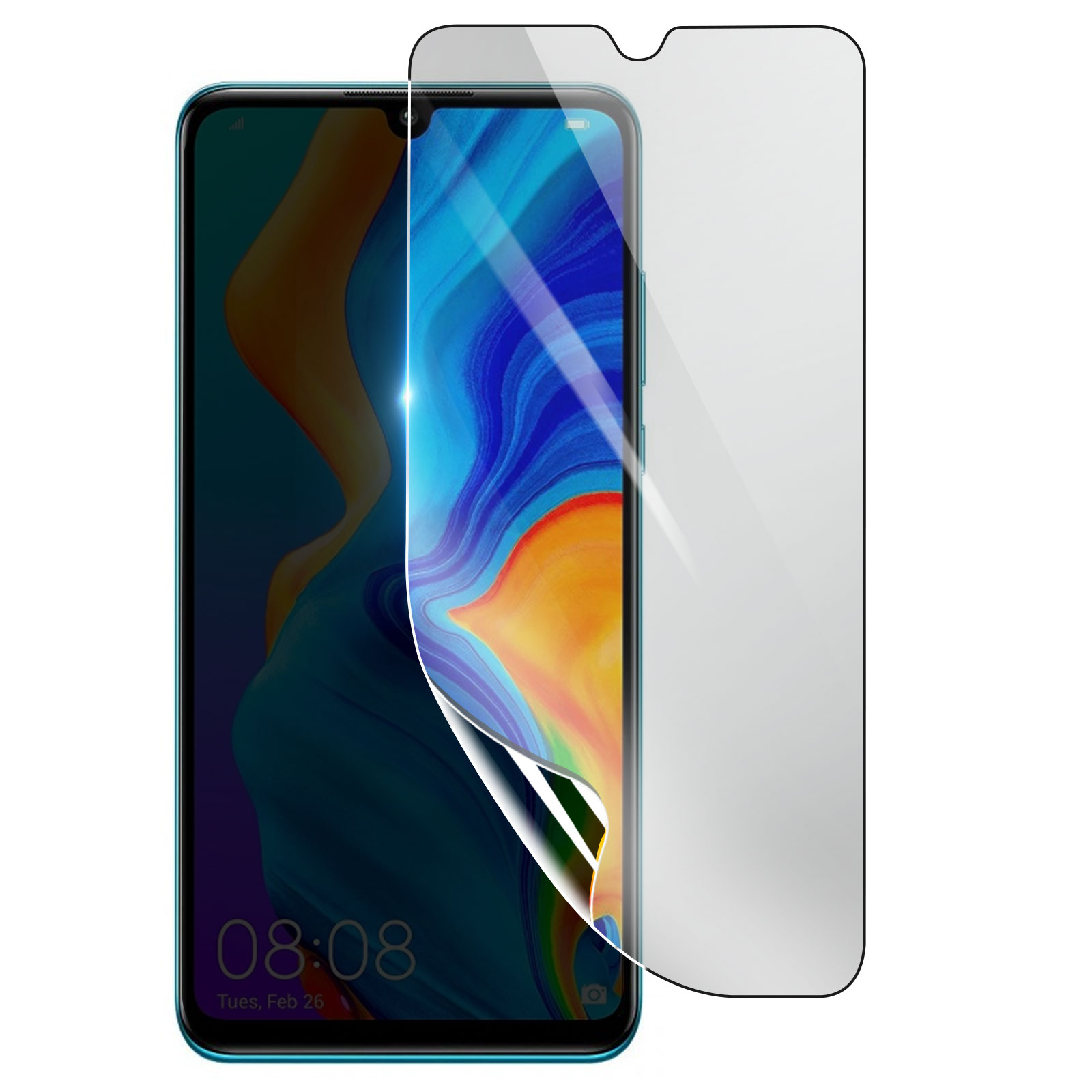 Uno smartphone con una protezione per lo schermo in fase di applicazione. Il telefono è verde acqua, con la protezione parzialmente staccata.