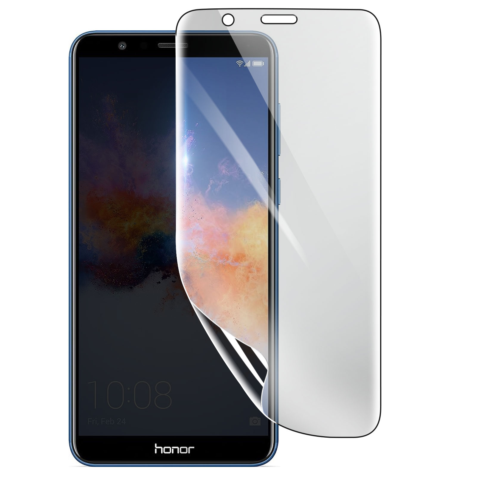 Uno smartphone con una protezione per lo schermo applicata. Il telefono ha una cornice blu, uno schermo scuro e la protezione parzialmente staccata.