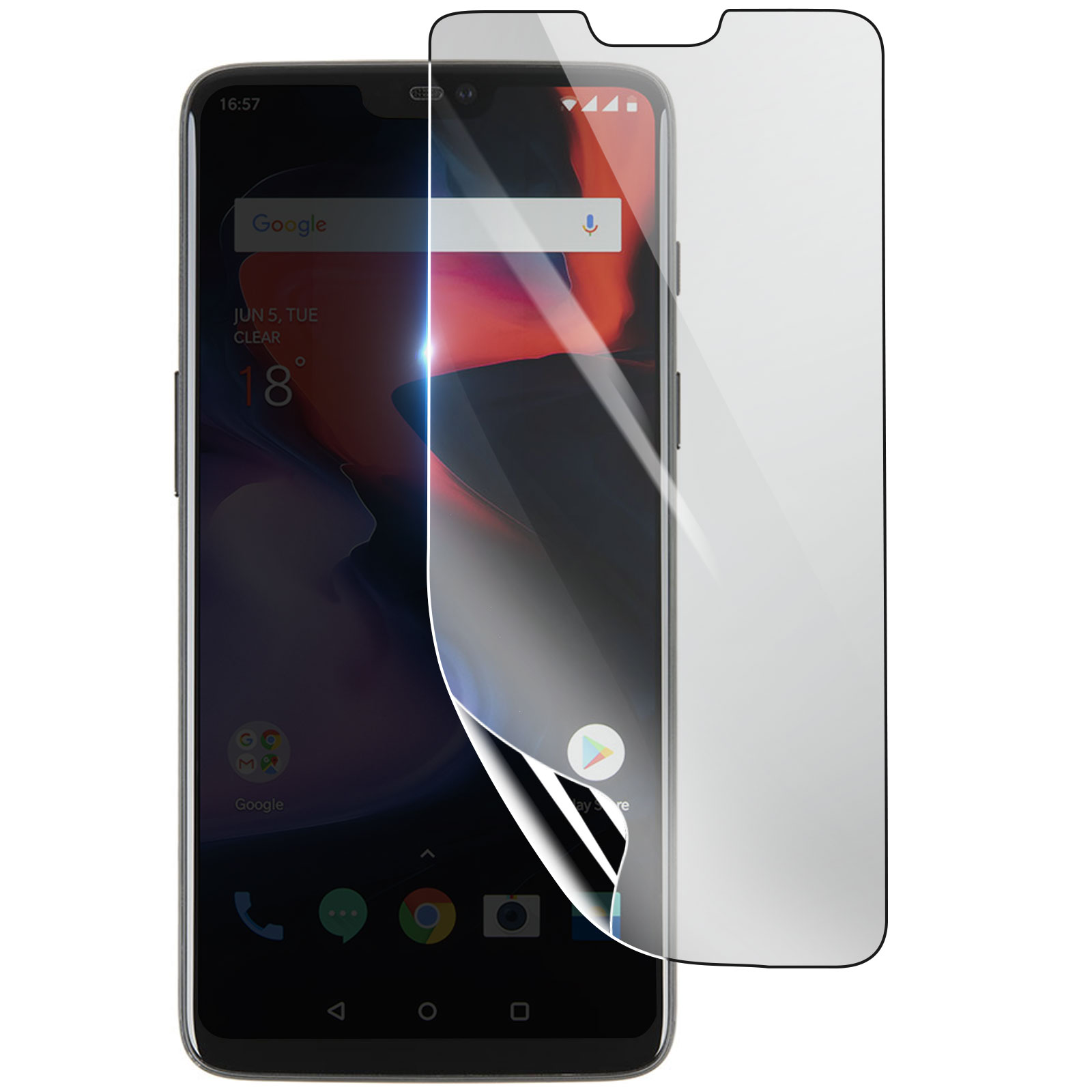 Smartphone con protezione schermo in applicazione. Lo schermo mostra la barra di ricerca di Google, la data e la temperatura. La protezione trasparente è parzialmente staccata.