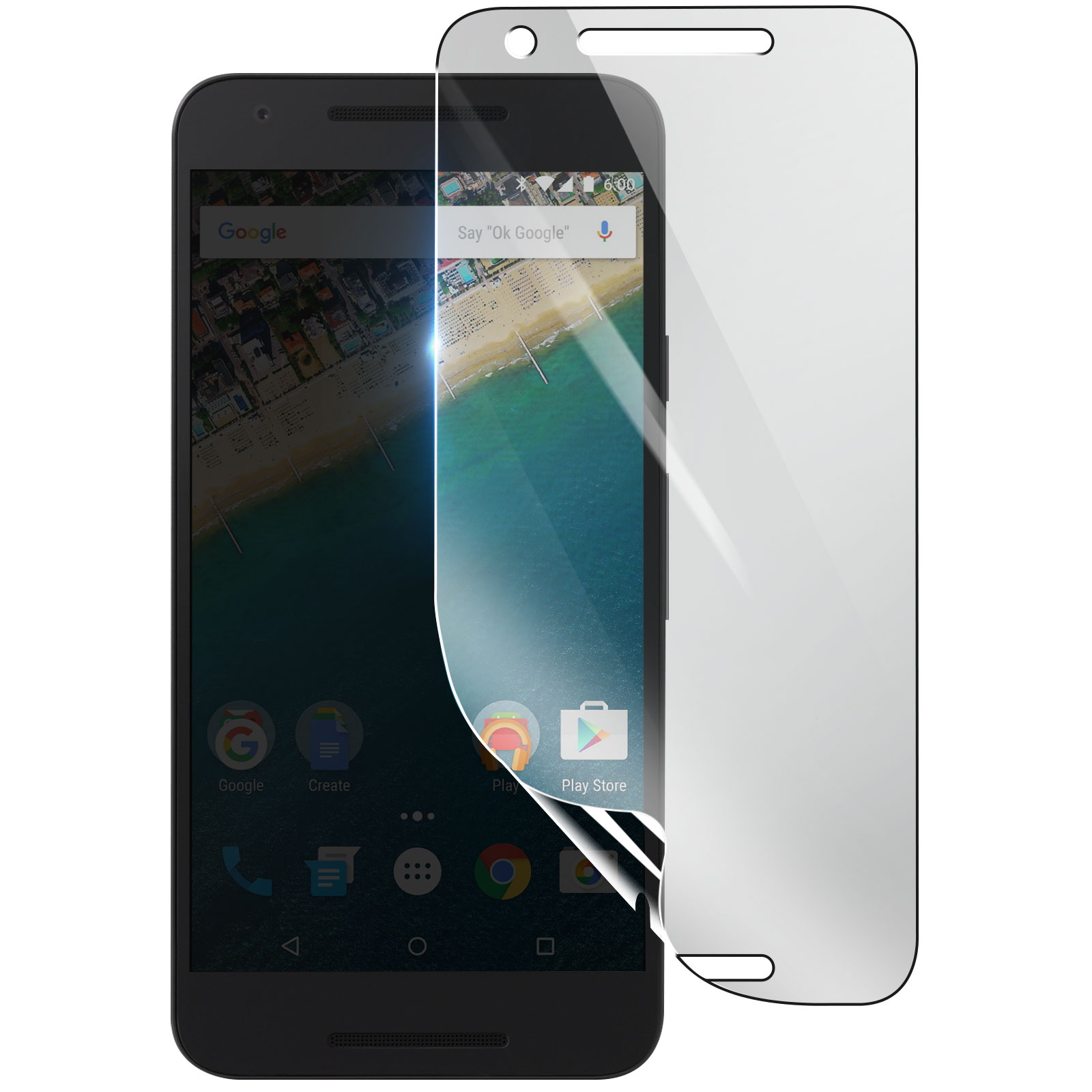 Uno smartphone con una protezione schermo che si stacca. Lo schermo mostra una scena di spiaggia e icone di app.