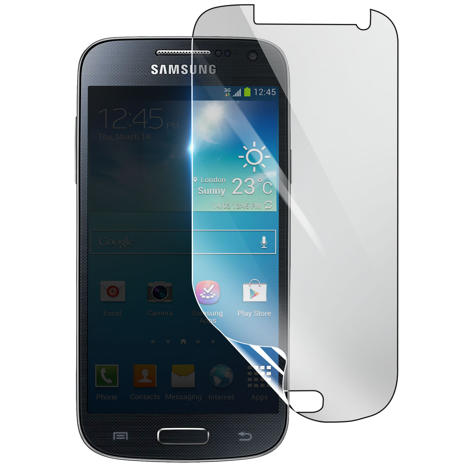 Uno smartphone Samsung con una protezione per lo schermo applicata. Lo schermo visualizza l'ora, il meteo e le icone delle app.