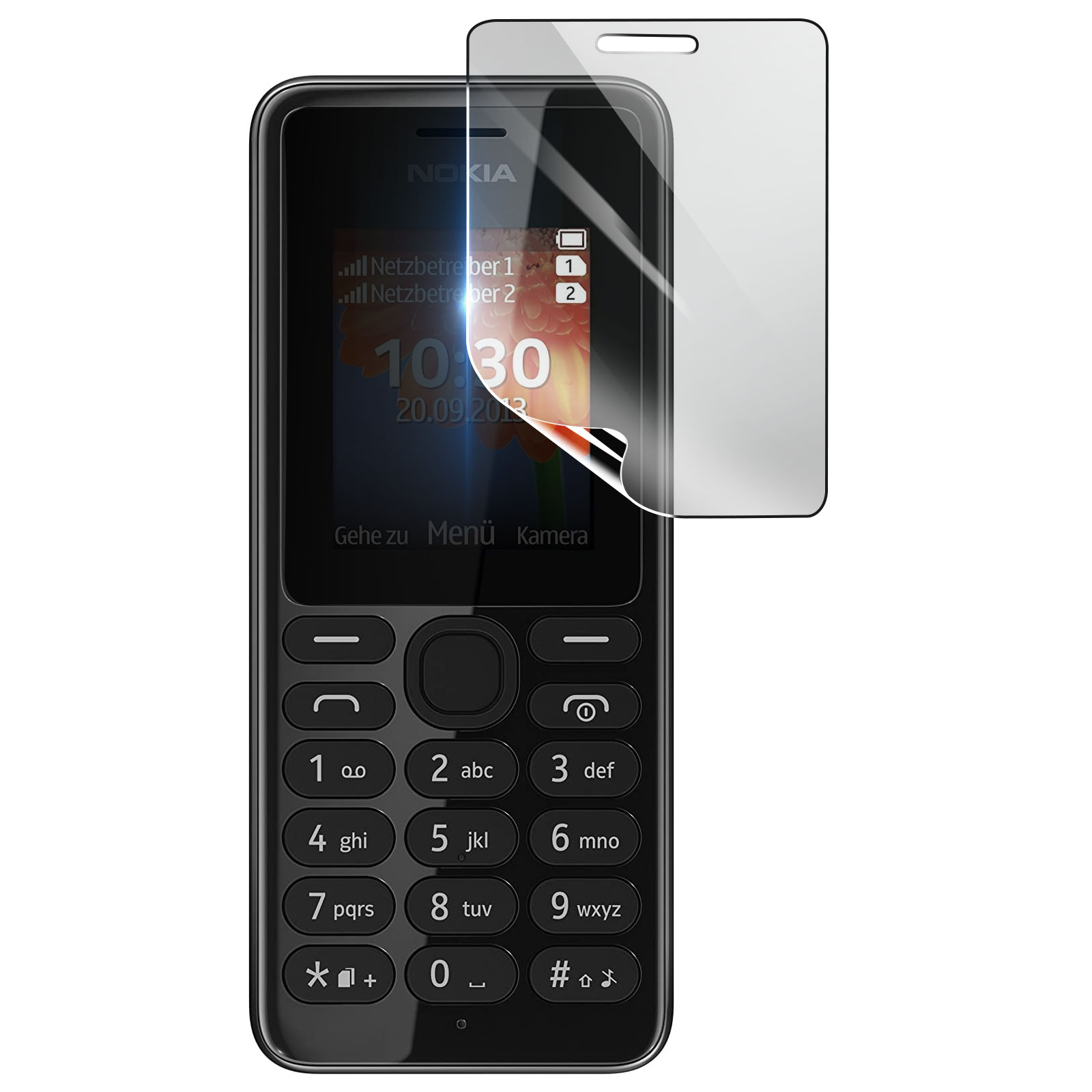 Un telefono Nokia nero con una protezione per lo schermo applicata. L'ora è 10:30, la data 20.09.2013. Tasti e schermo visibili.
