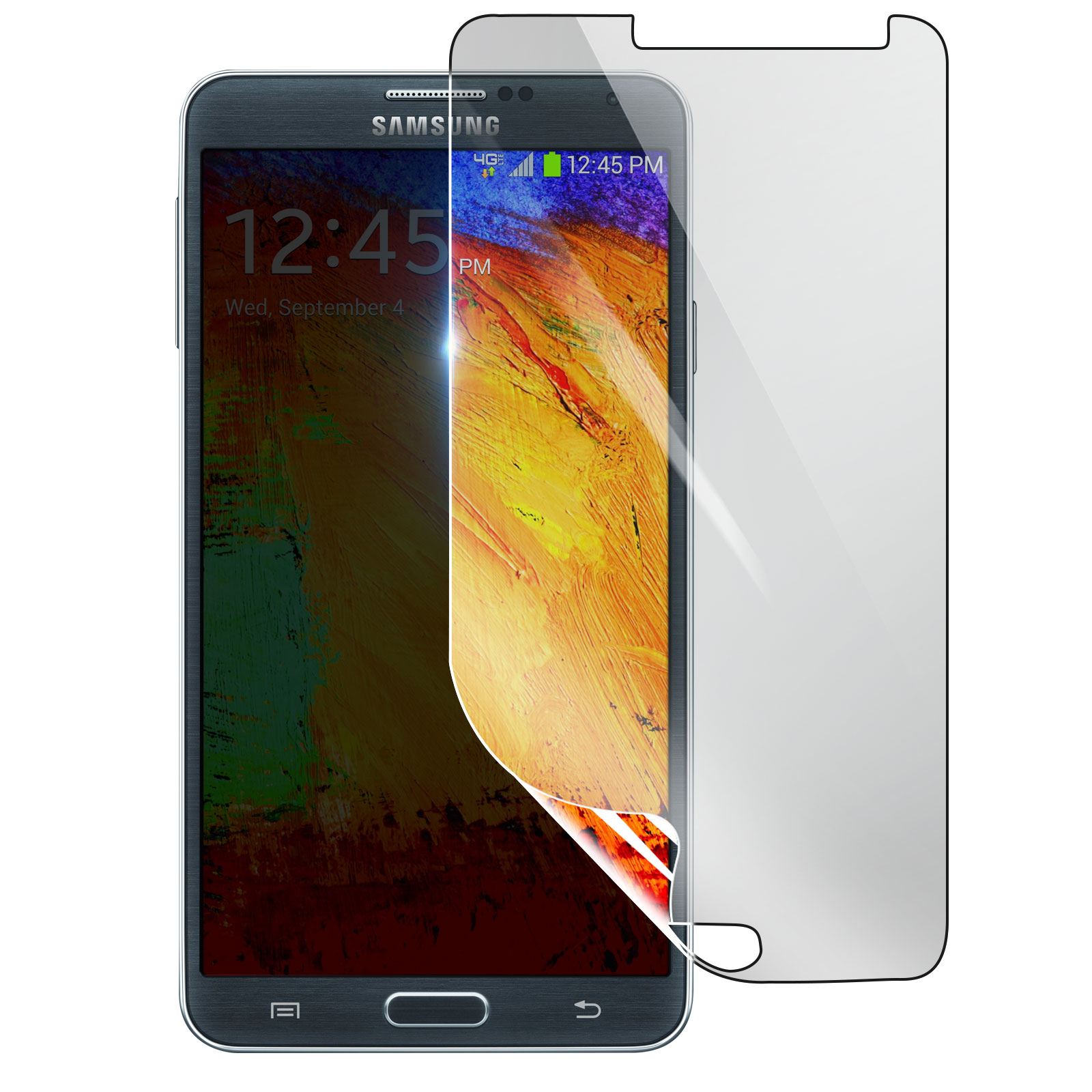 Un telefono Samsung con una protezione schermo parzialmente staccata. Lo schermo mostra un'immagine astratta colorata, l'ora e la data.