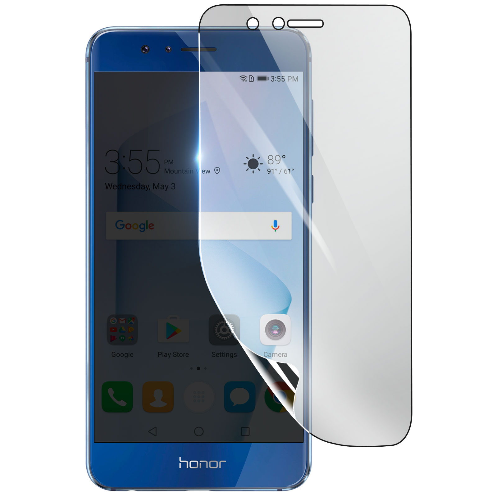 Smartphone blu con protezione schermo applicata. Lo schermo mostra ora, meteo e icone app. Il telefono è su una superficie bianca.