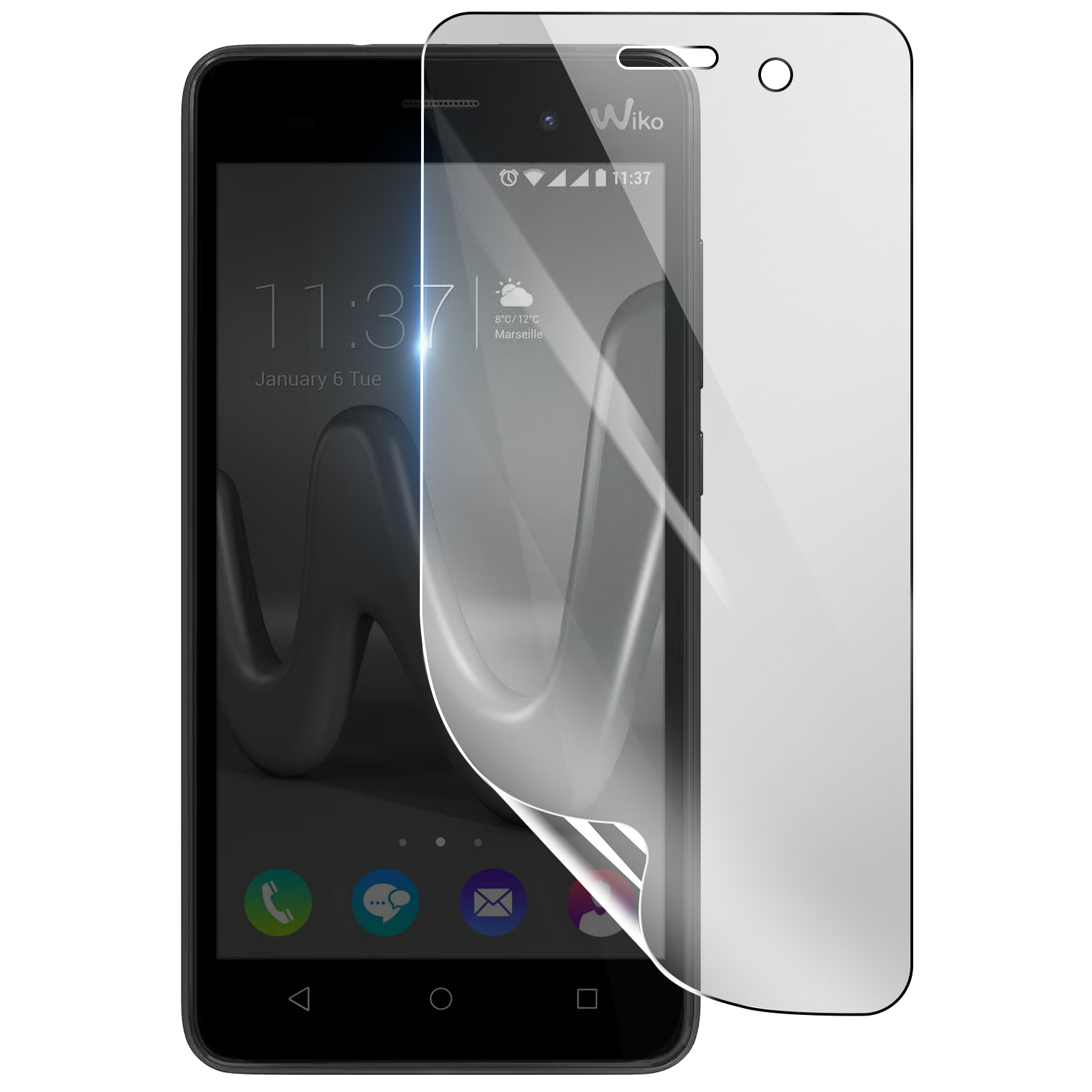 Uno smartphone Wiko nero con una protezione per lo schermo applicata. Lo schermo mostra l'ora e il meteo.