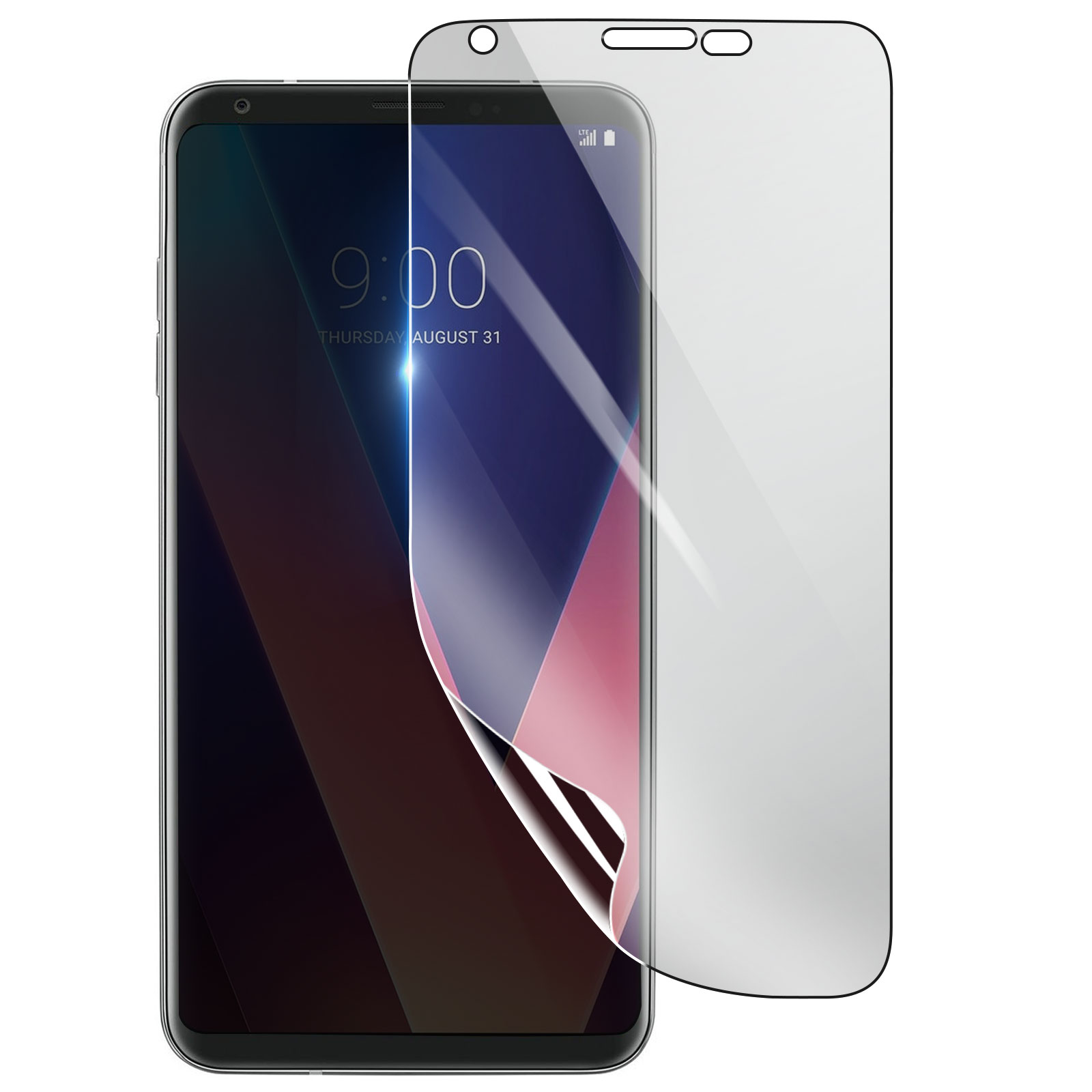 Smartphone con protezione schermo applicata. Lo schermo mostra le 9:00, giovedì 31 agosto. La protezione è parzialmente staccata.