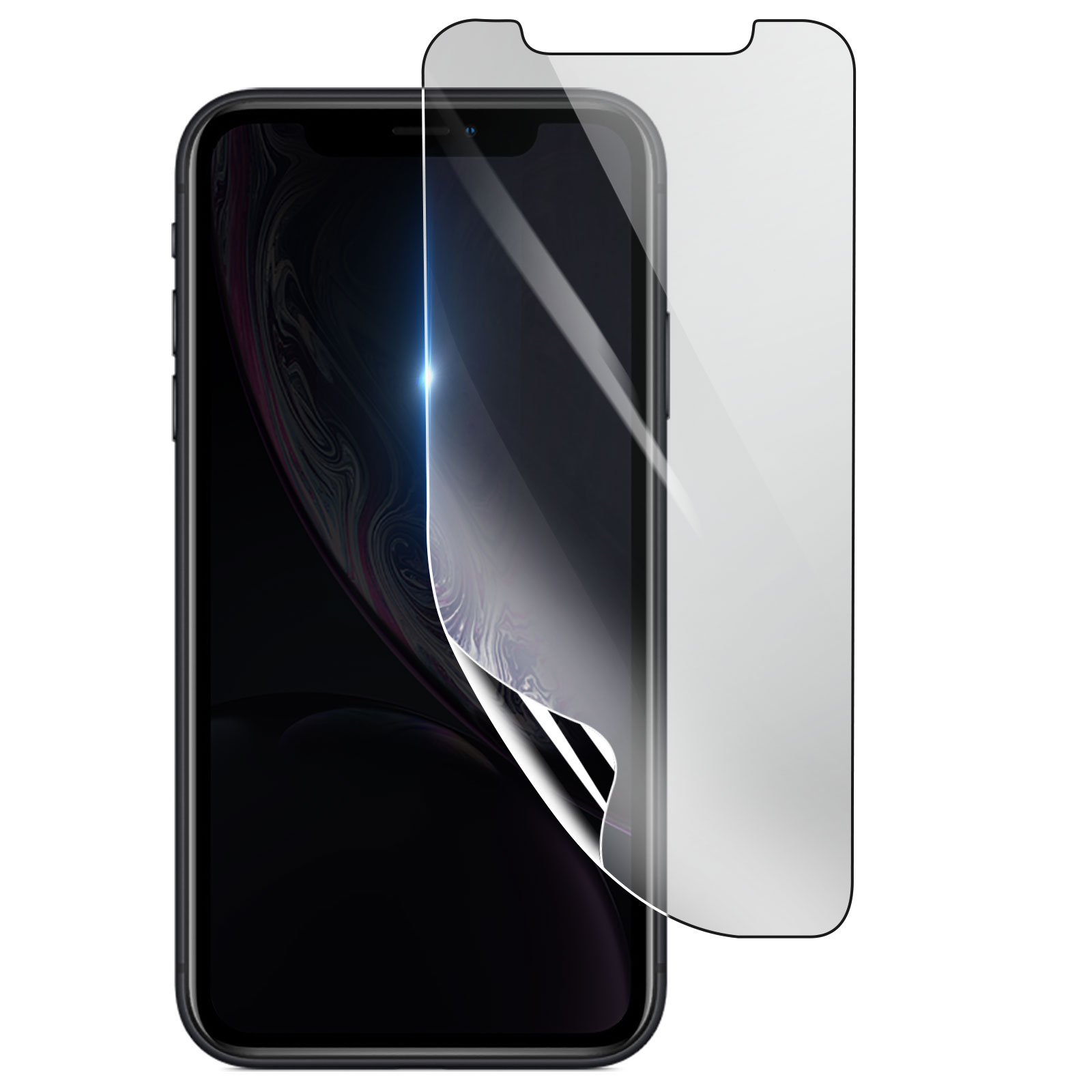 Uno smartphone con una protezione per lo schermo applicata. Il telefono è nero, la protezione è trasparente. Sfondo bianco.