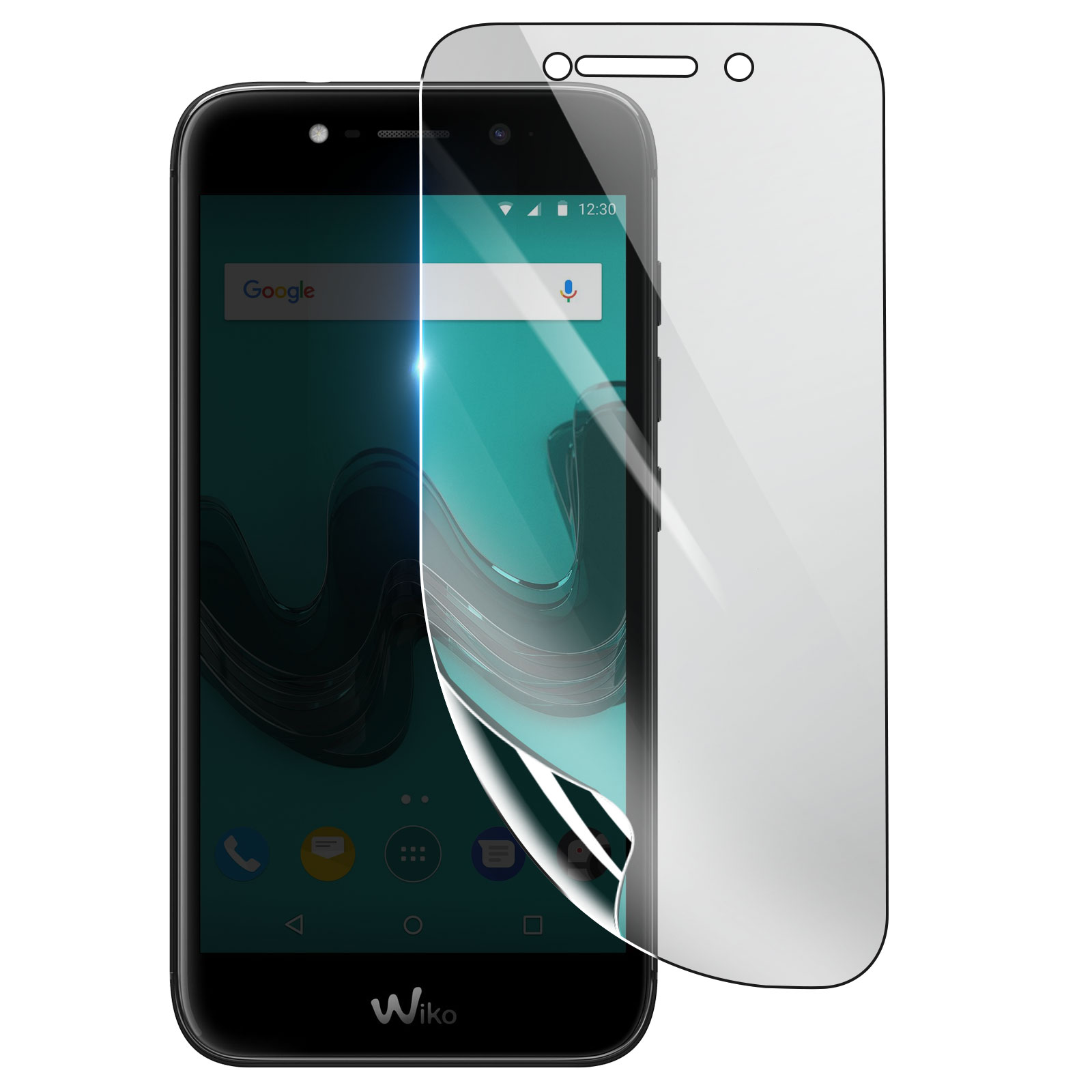 Uno smartphone Wiko nero con una protezione per lo schermo applicata. Lo schermo mostra una barra di ricerca Google e icone di app.
