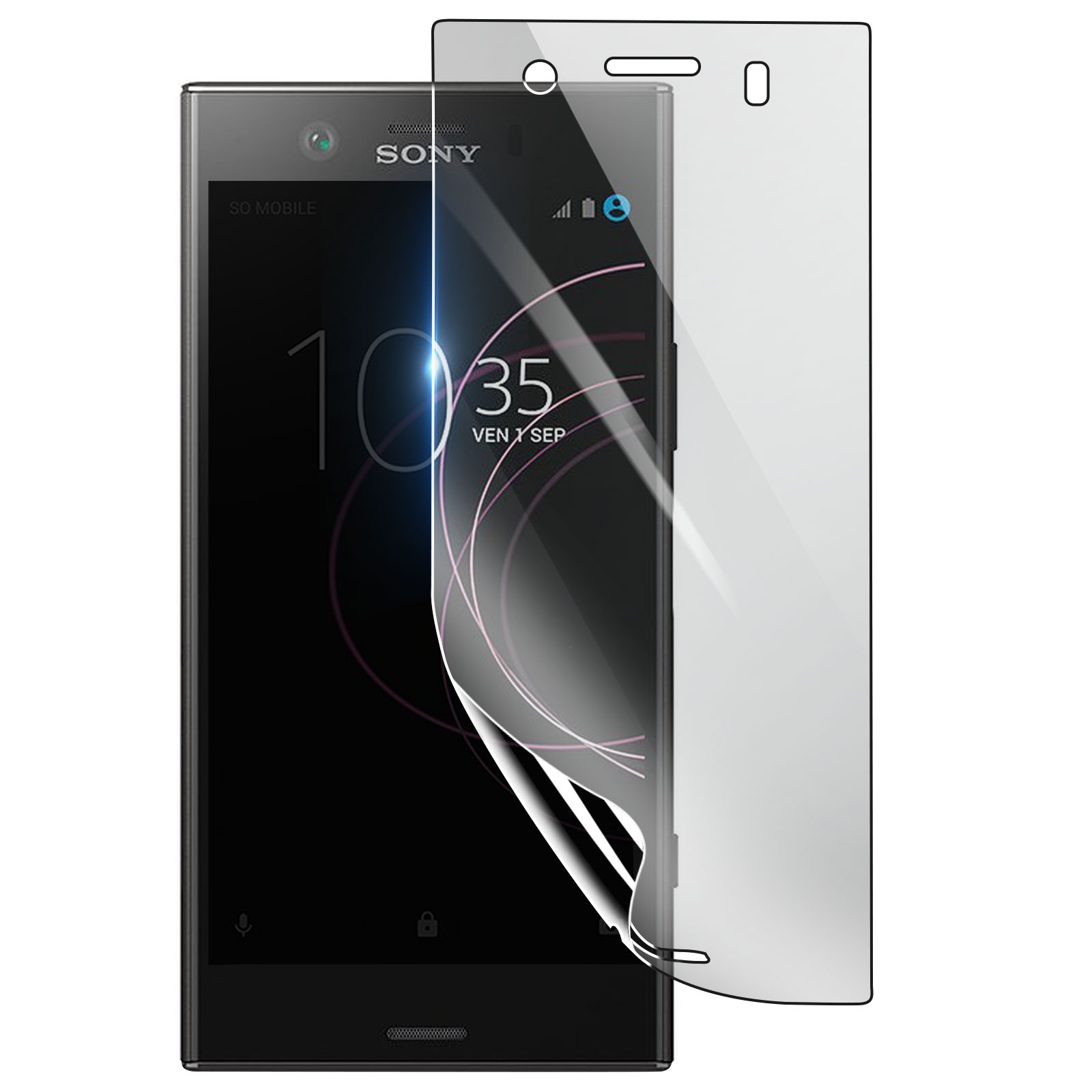 Uno smartphone Sony nero con protezione schermo. Lo schermo mostra l'ora e la data. È presente uno sfondo bianco.