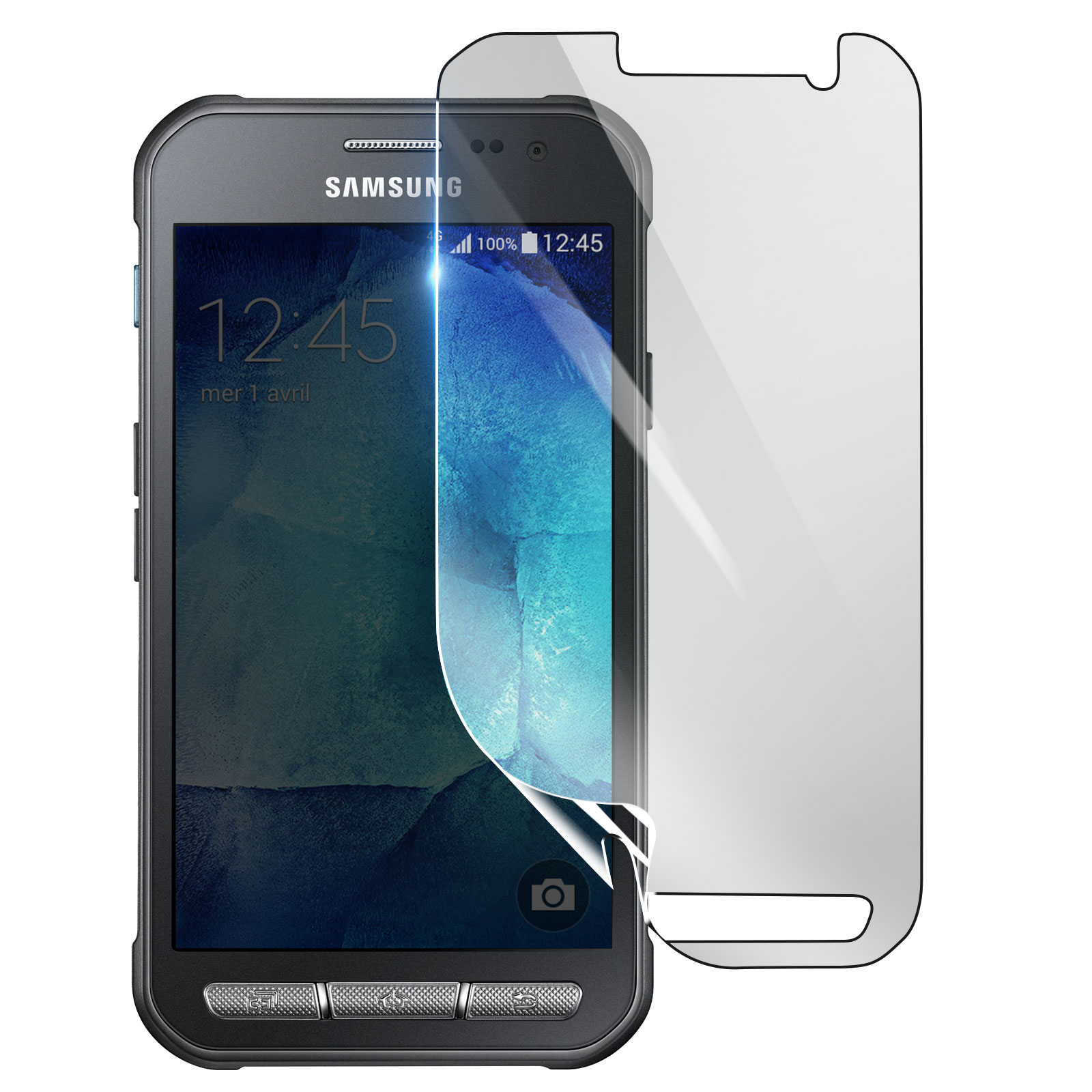 Un telefono Samsung con protezione schermo. Lo schermo mostra l'ora. La protezione è parzialmente staccata.
