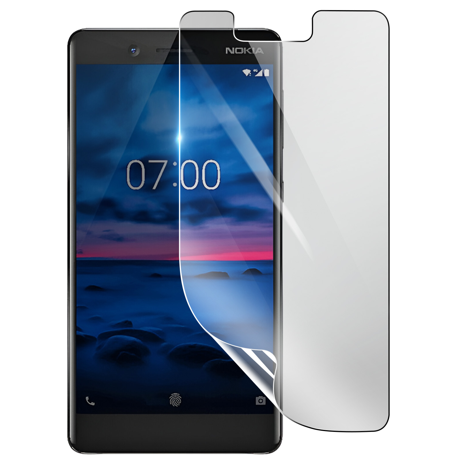 Telefono Nokia con protezione schermo. Lo schermo mostra un paesaggio marino con un tramonto. L'ora è 07:00.