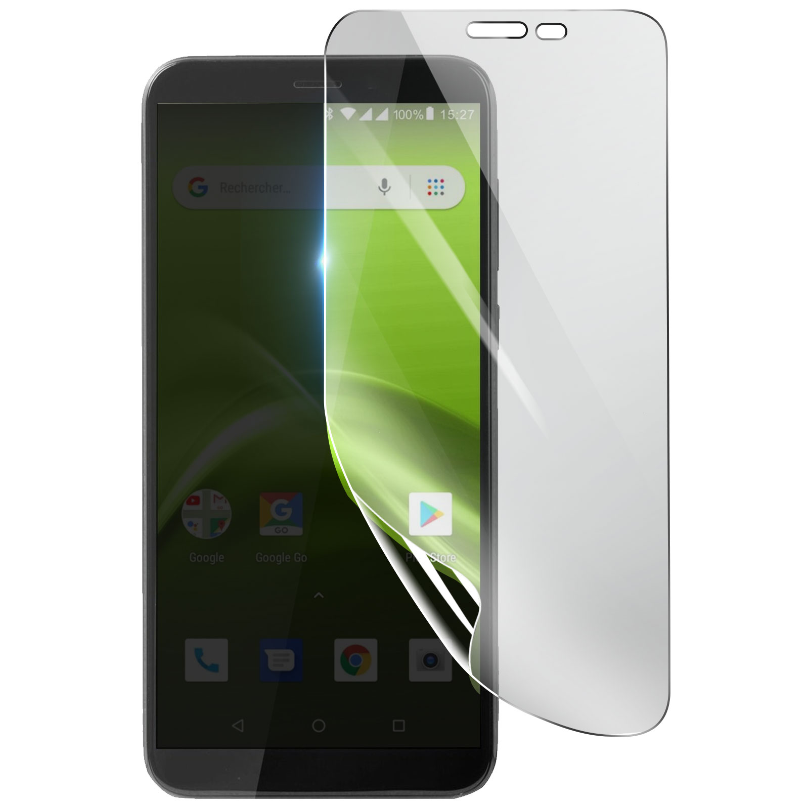 Uno smartphone con una protezione schermo che si stacca. Lo schermo mostra app e ora. Sfondo bianco.