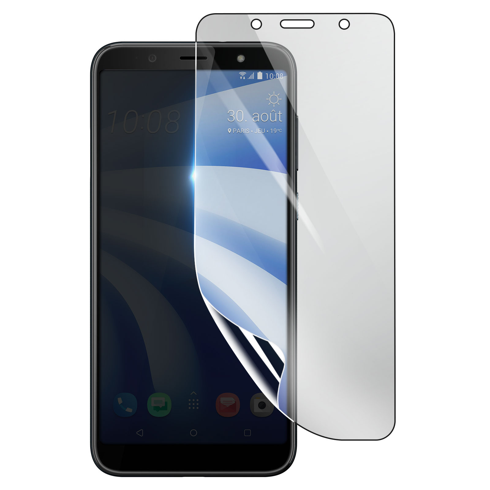Uno smartphone nero con una protezione per lo schermo in applicazione. Lo schermo mostra data, ora e icone. Sfondo bianco.