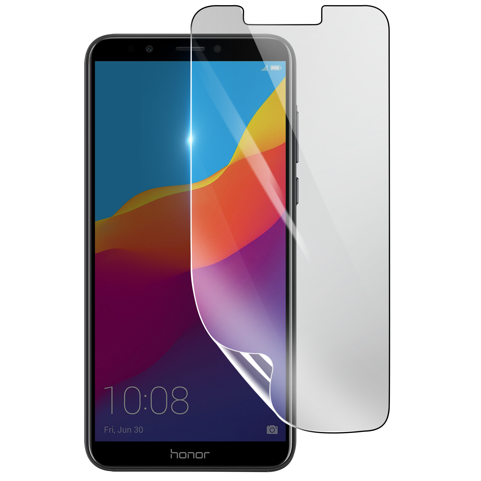 Un telefono Honor nero con protezione schermo. Lo schermo mostra uno sfondo astratto colorato e l'ora. Una fotocamera è visibile.