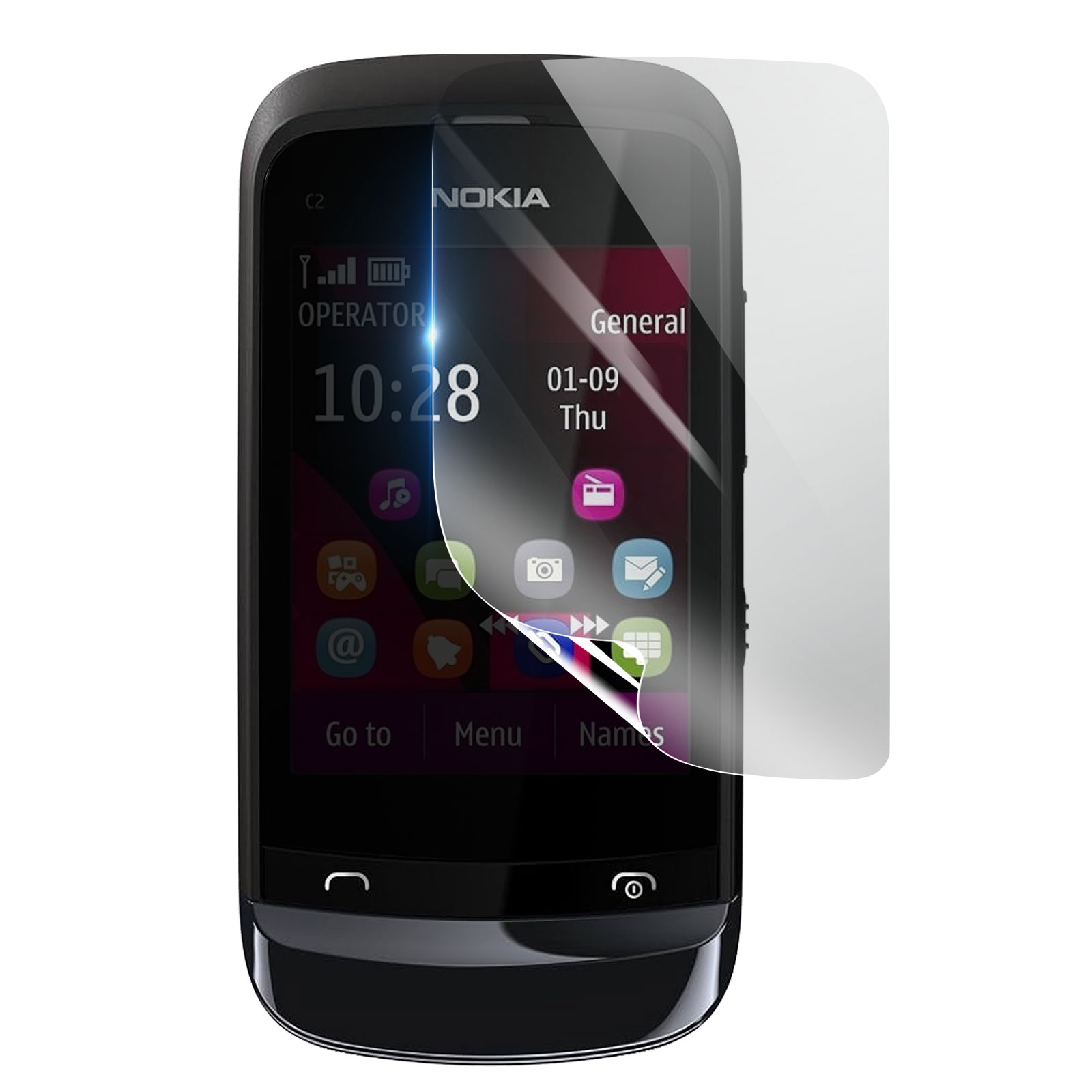 Telefono Nokia C2 con protezione schermo parzialmente staccata. Il display mostra ora, data e icone delle app. Telefono nero su sfondo bianco.