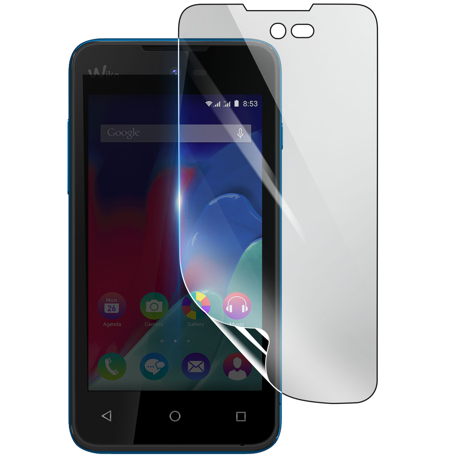 Uno smartphone blu con una protezione per lo schermo in applicazione. Il telefono mostra app e ricerca Google. La protezione è trasparente.