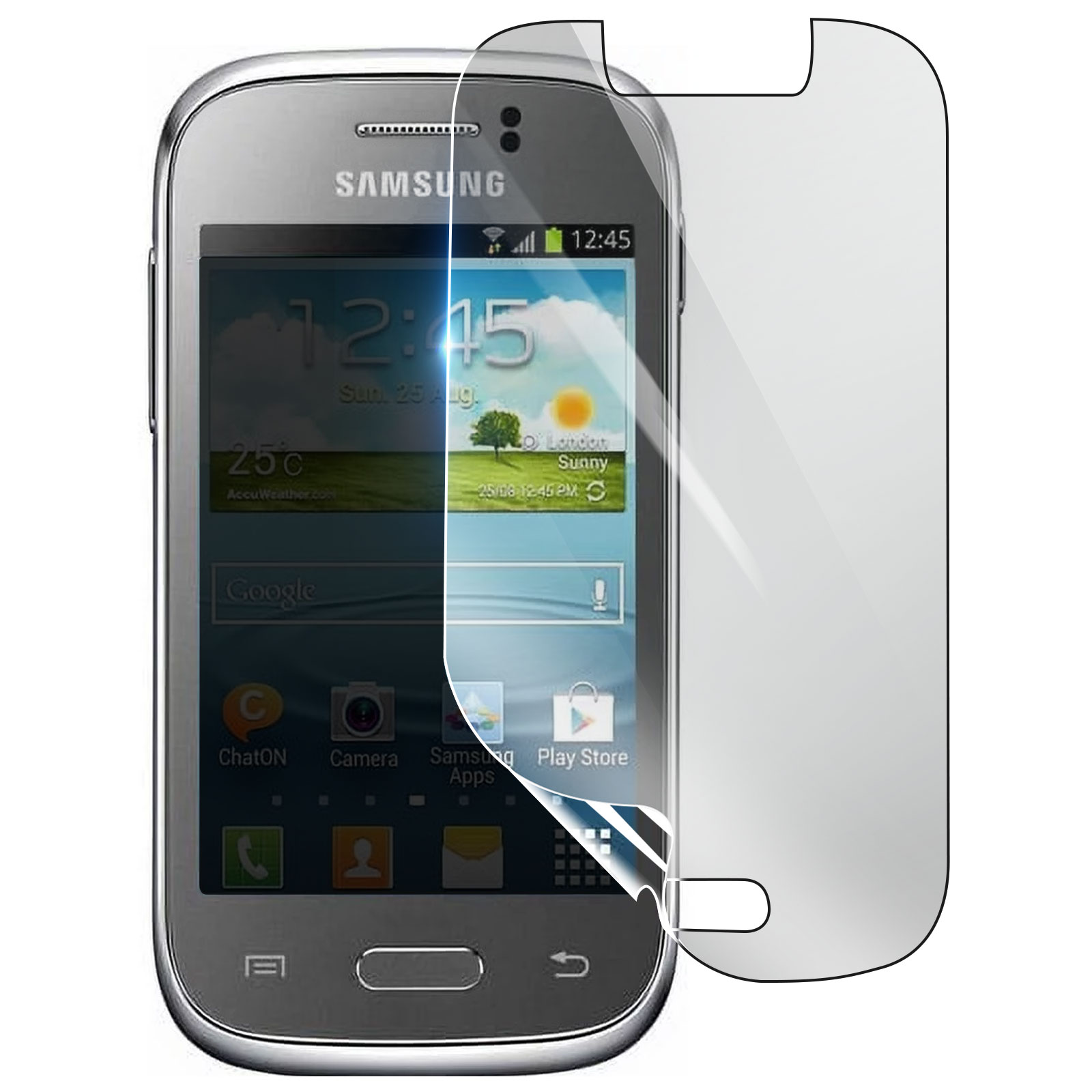 Uno smartphone Samsung con una protezione per lo schermo applicata. Lo schermo mostra ora, meteo e icone delle app.