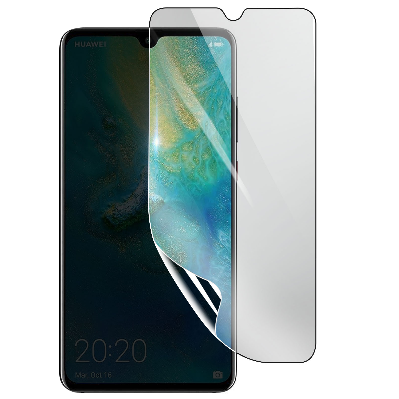 Un telefono Huawei con una protezione per lo schermo applicata. Lo schermo mostra l'ora e la data. La protezione è parzialmente staccata.