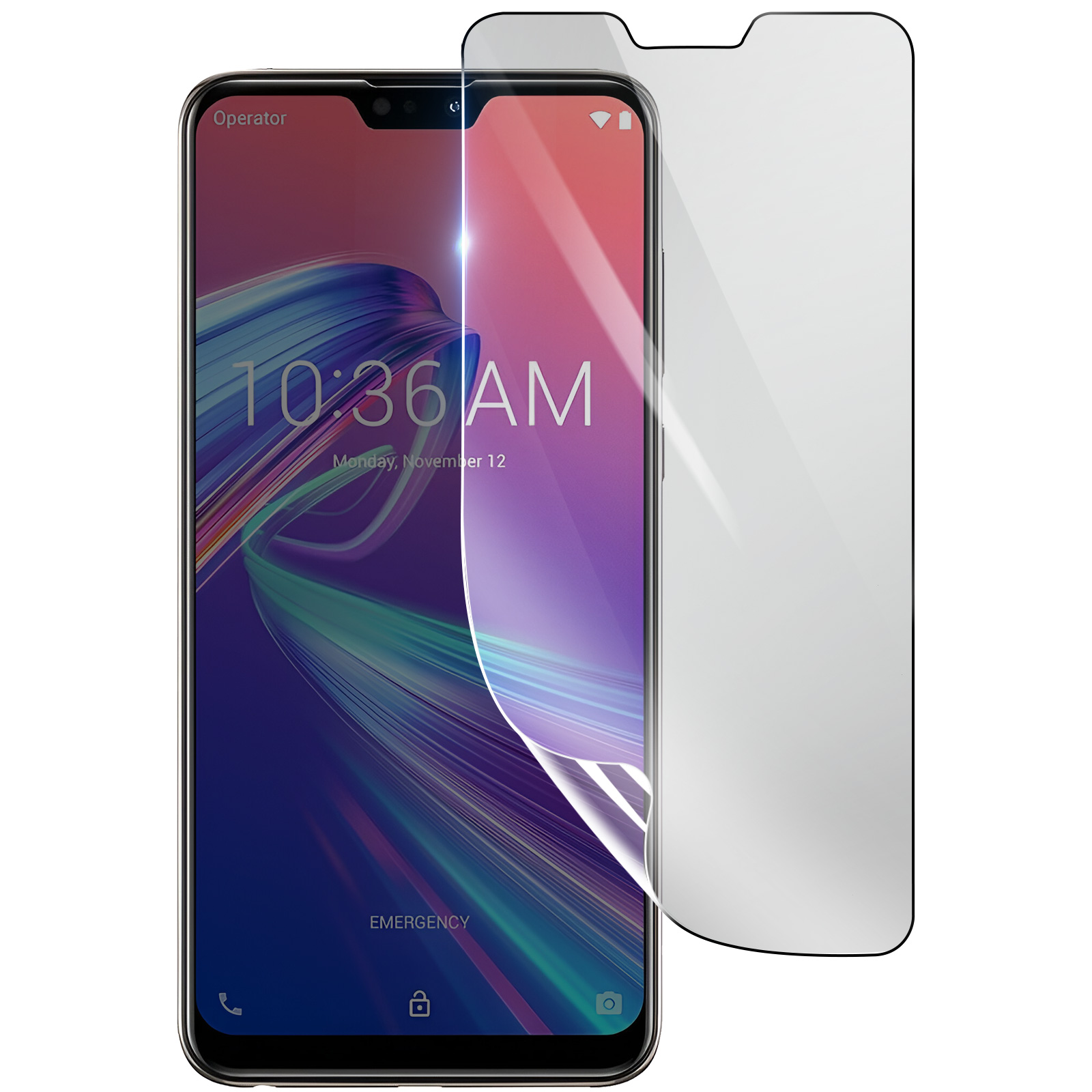 Un smartphone con un protector de pantalla aplicado. La pantalla muestra la hora y la fecha. El protector es transparente y brillante.